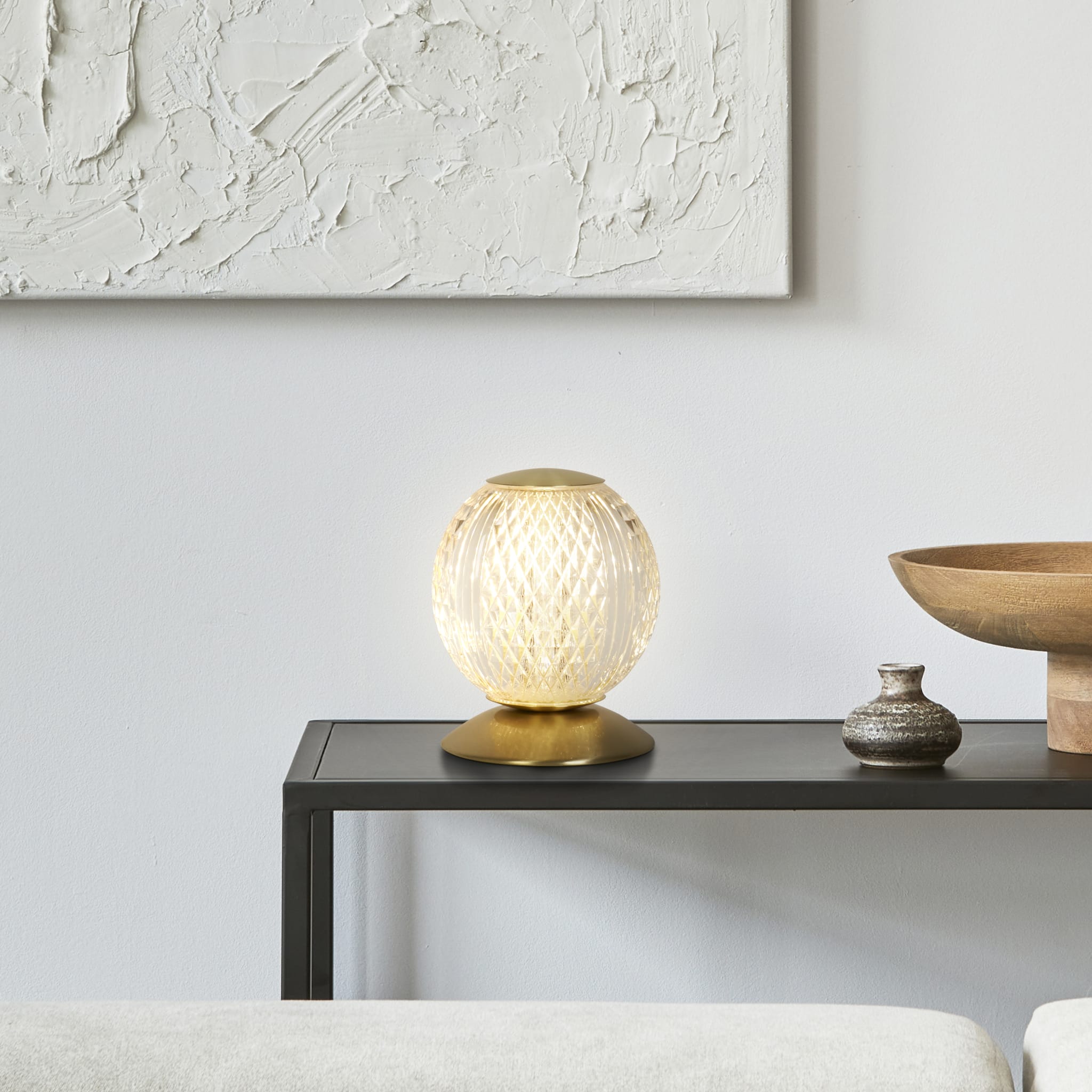 Allure Table Lamp, Satin Brass Metal & Clear Acrylic