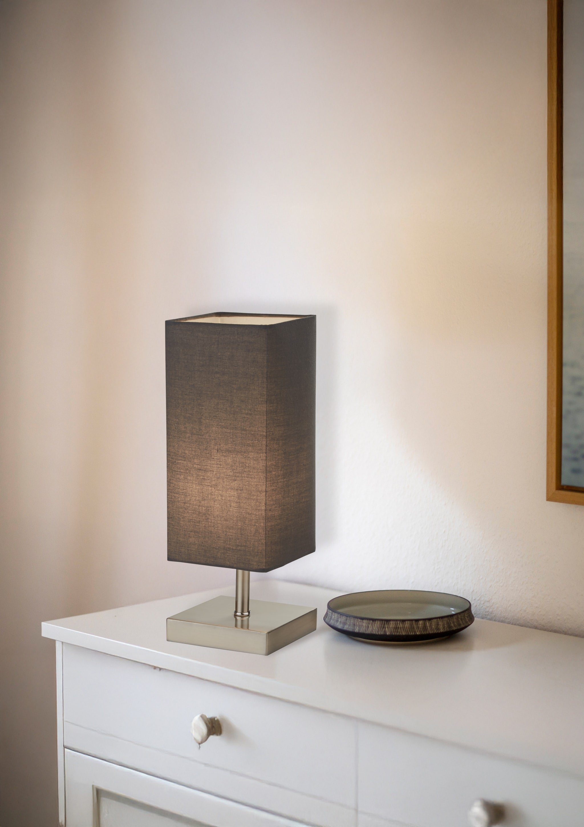 Valley Table Lamp - Satin Silver Metal & Dark Grey Fabric