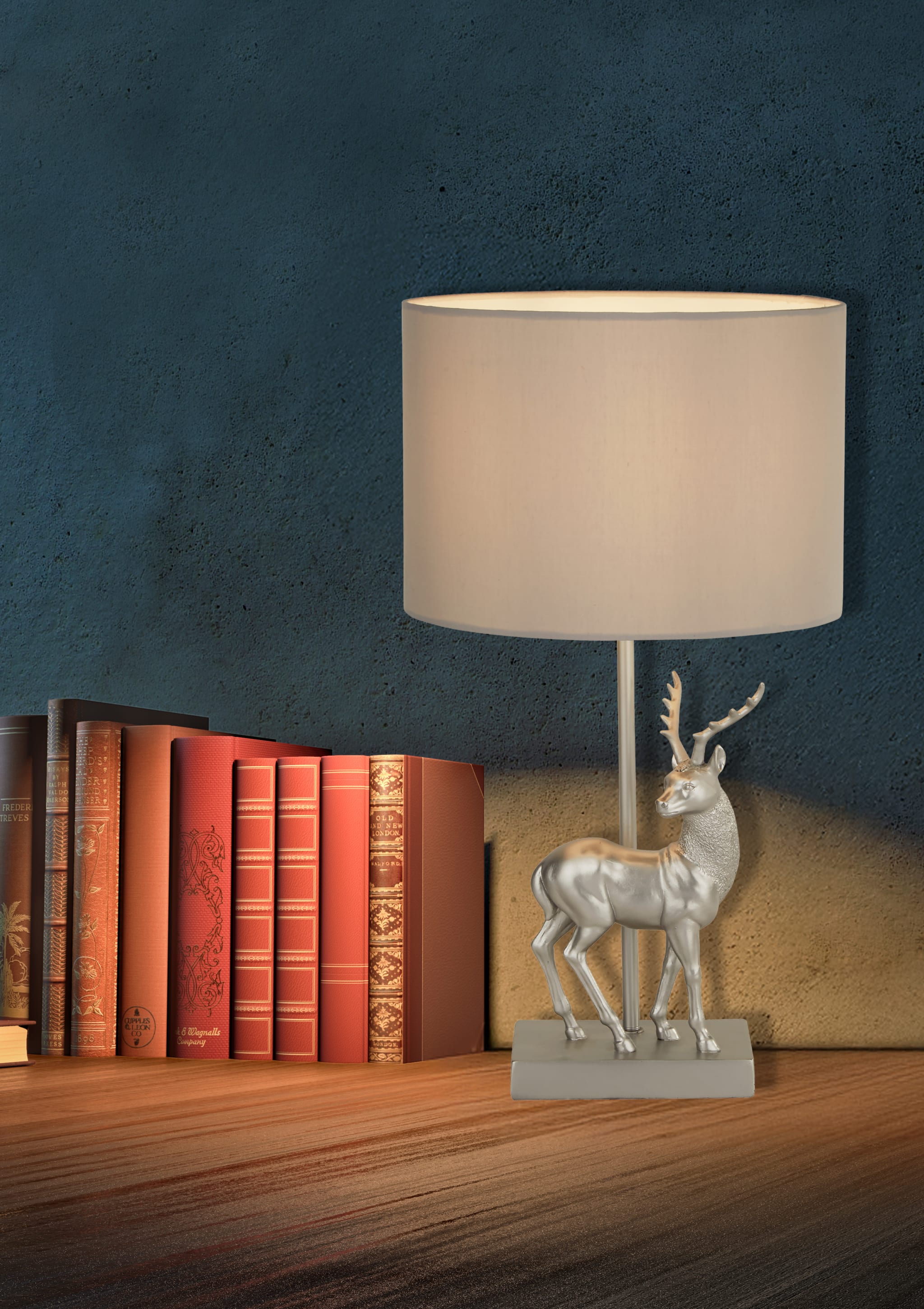 Deer Table Lamp - Silver Resin & Grey Fabric Shade