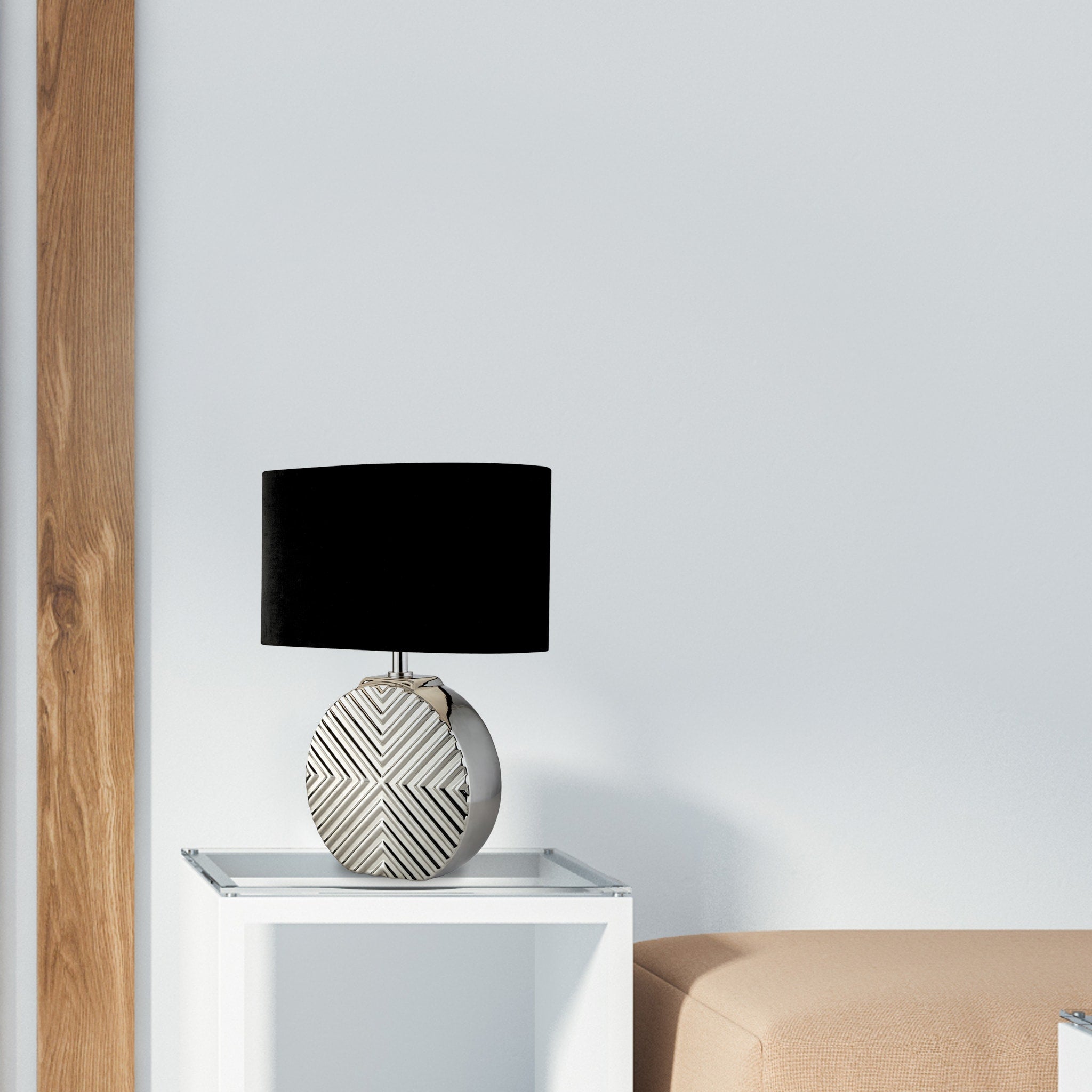 Regen Table Lamp - Chrome Ceramic with Black Fabric Shade