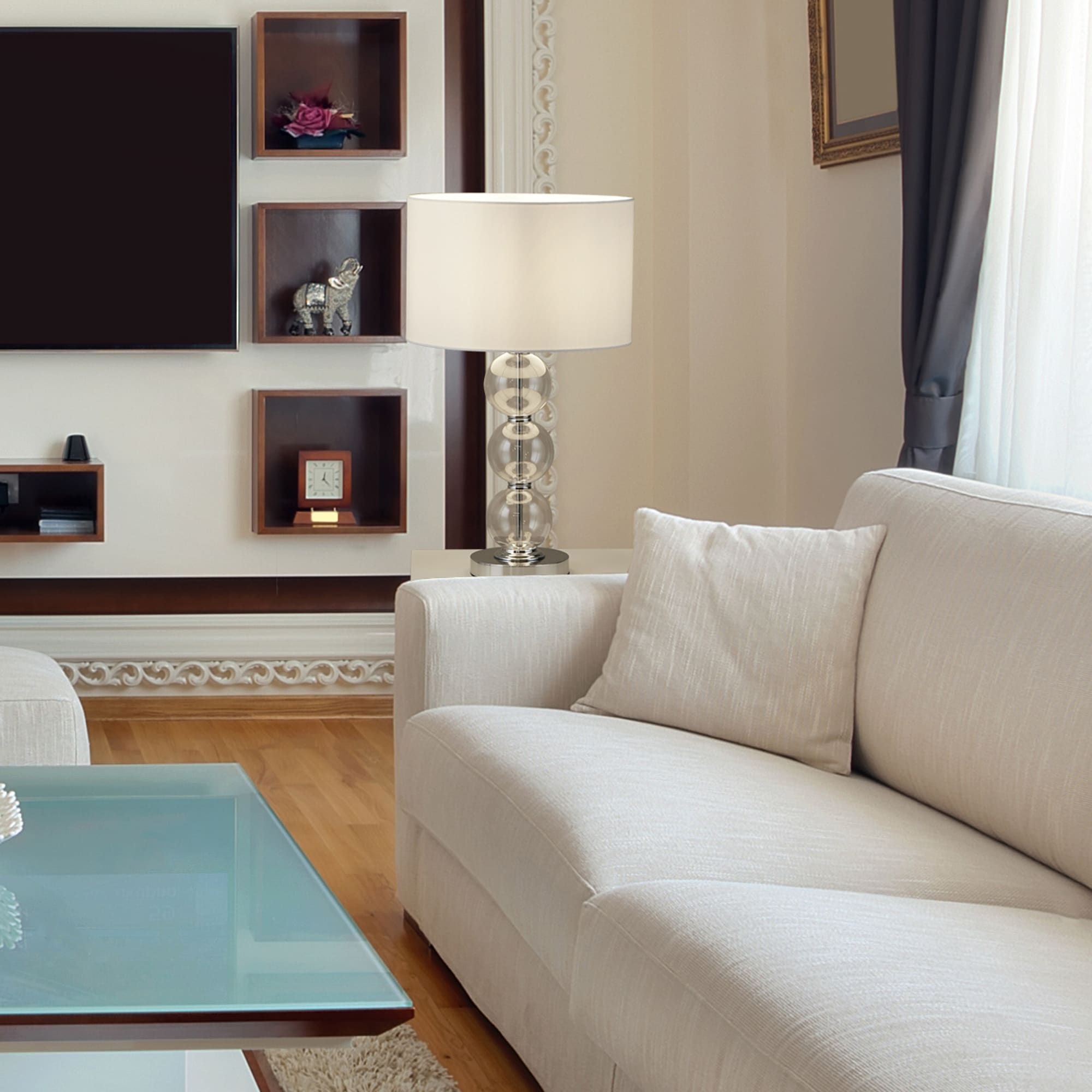 Bliss Table Lamp  - Glass & White Linen Shade