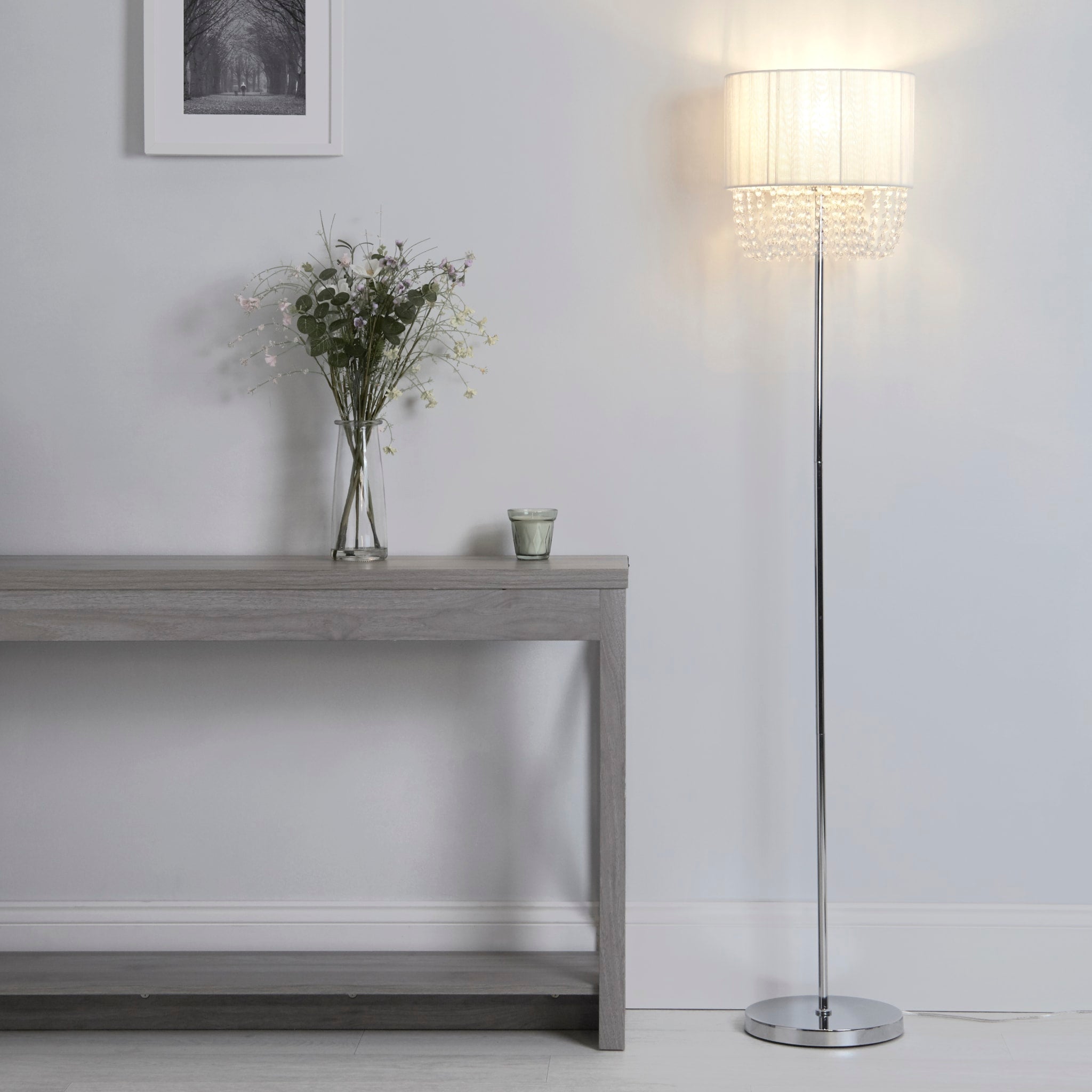 Bellano Floor Lamp -  Chrome Metal, White Fabric, Clear Acry
