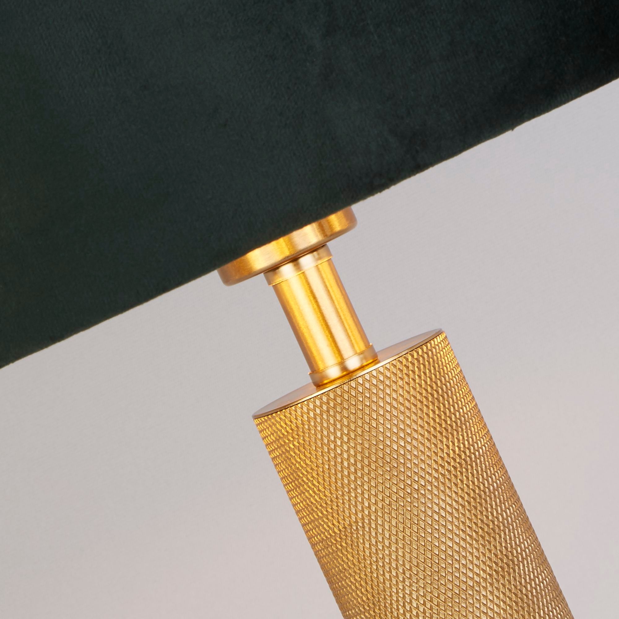 London Table Lamp - Knurled Brass & Velvet Shade Green Velvet