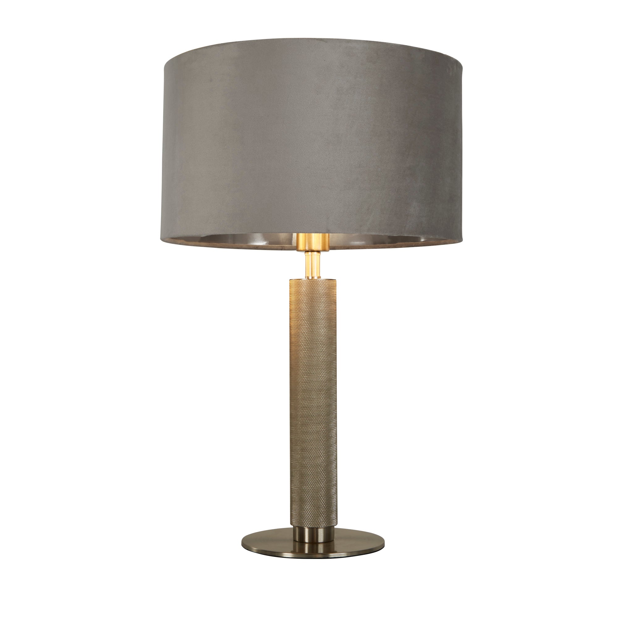 London Table Lamp - Knurled Brass & Velvet Shade Grey Velvet