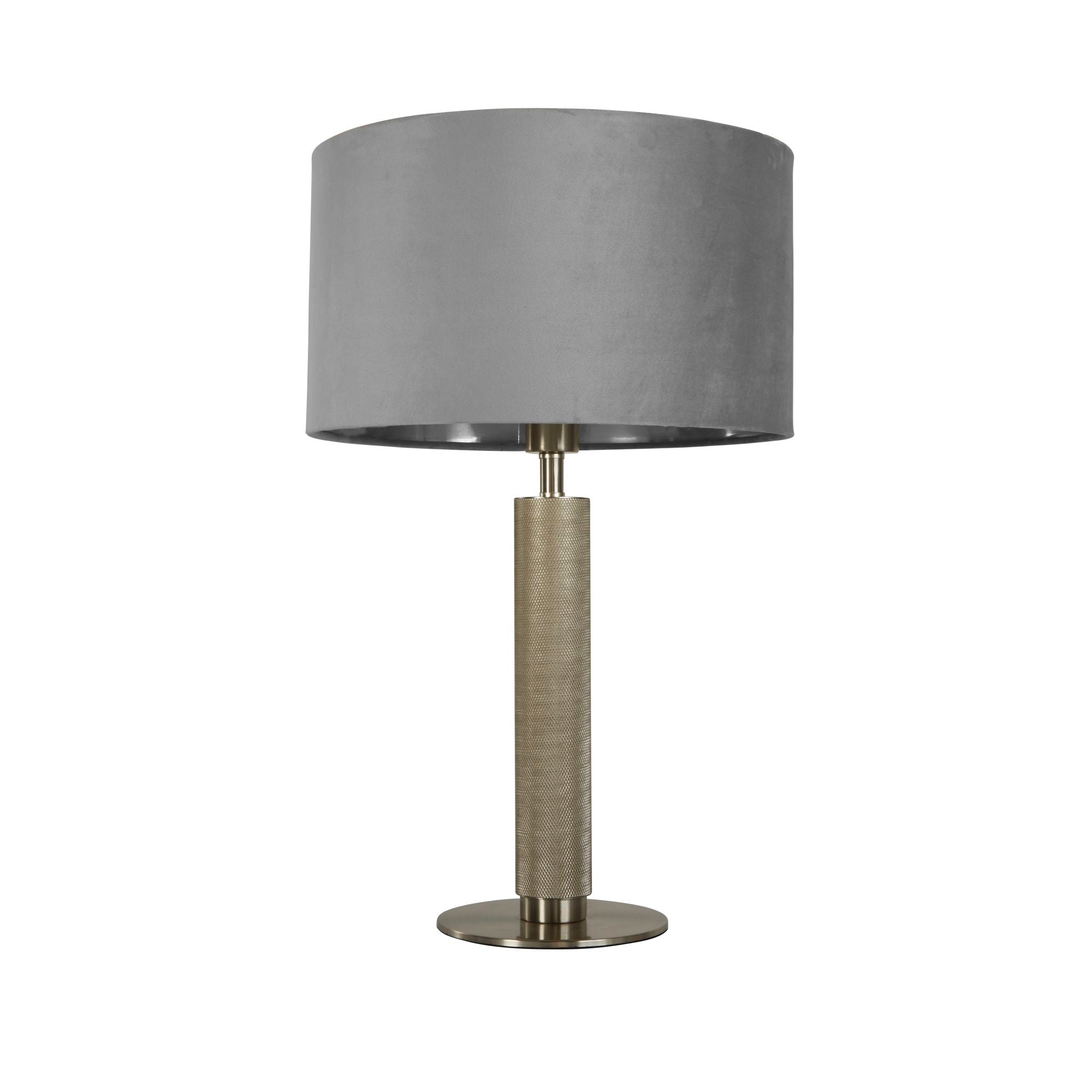 London Table Lamp - Knurled Brass & Velvet Shade Grey Velvet