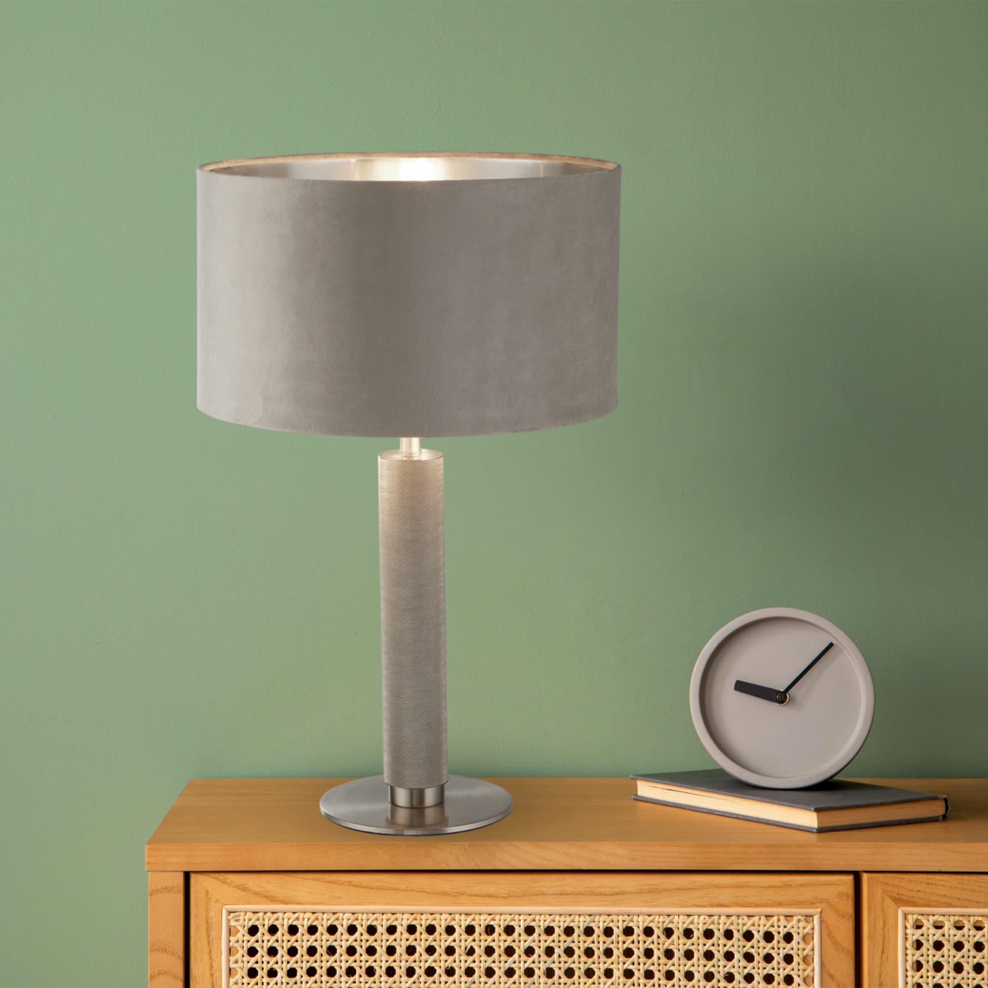London Table Lamp- Knurled Satin Silver & Taupe Velvet Shade