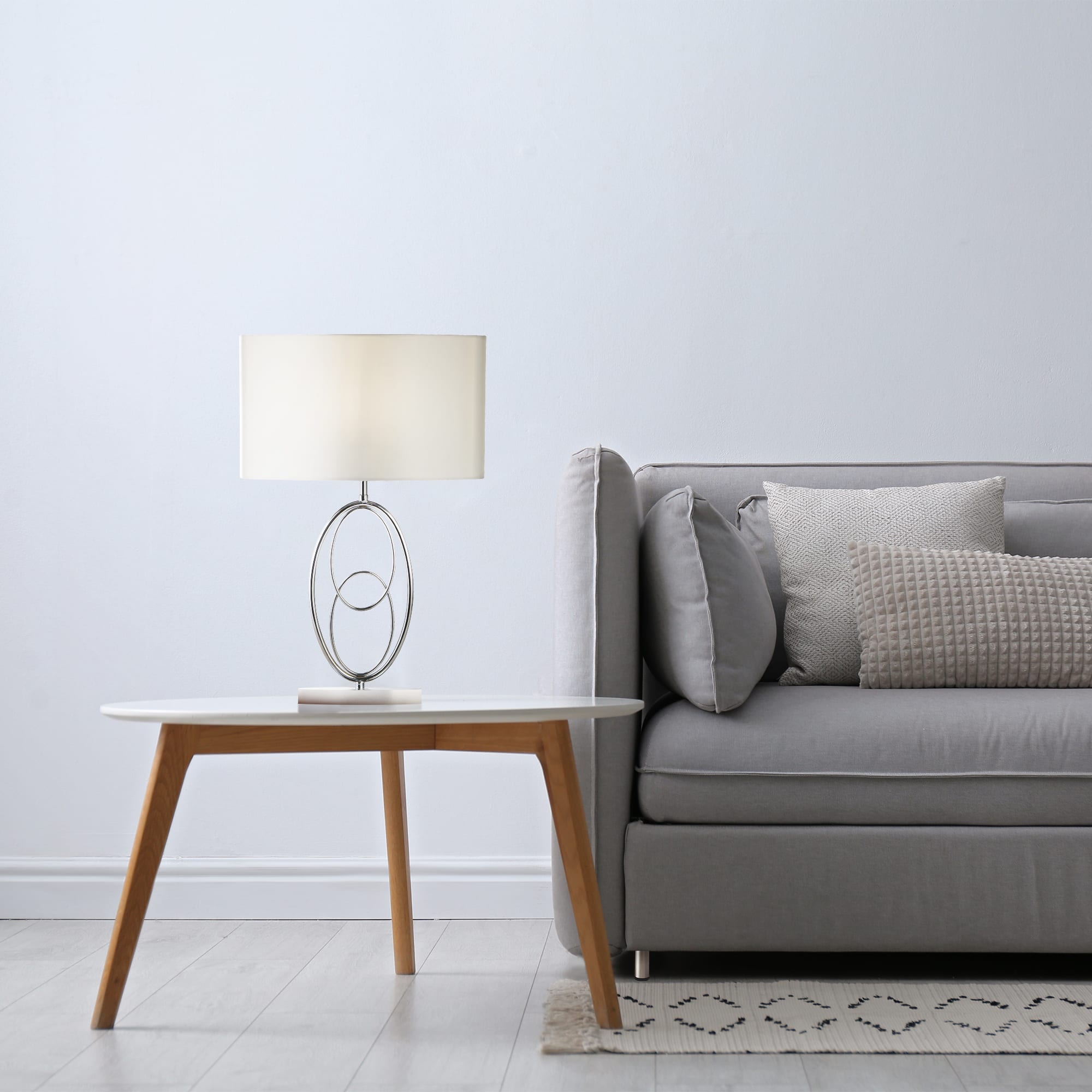 Loopy Table Lamp - Chrome Metal& Oval Silver Faux Silk Shade