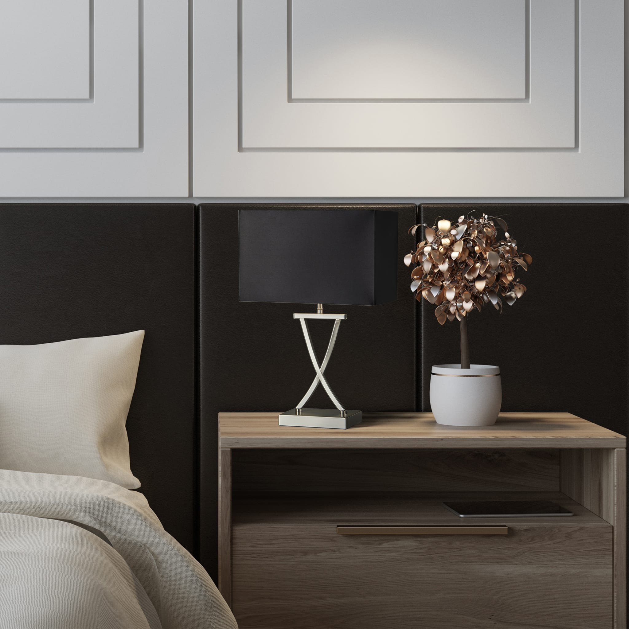 Club Table Lamp - Satin Silver Metal & Black Faux Silk Shade