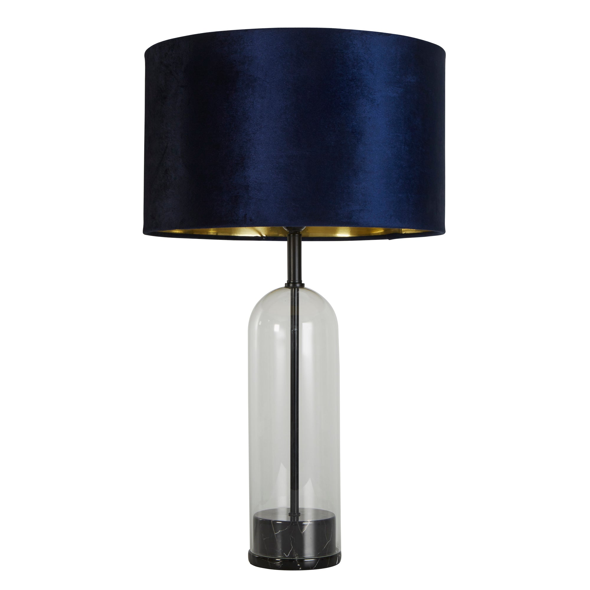 Oxford Table Lamp -Glass, Metal & Velvet Shade Black Metal Marble + Navy