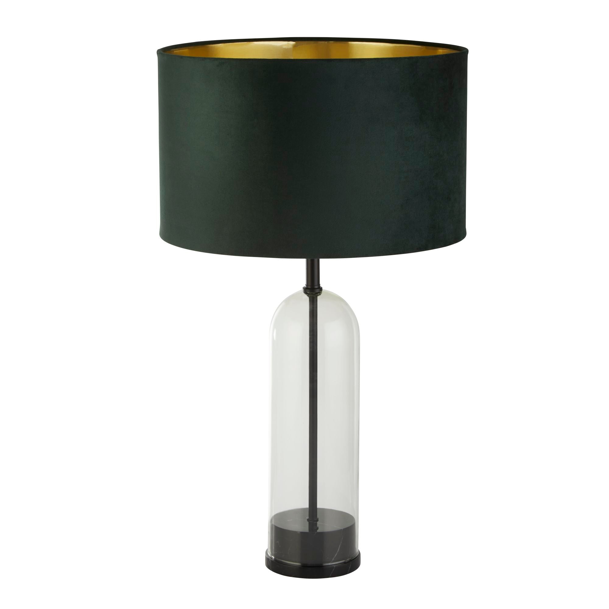 Oxford Table Lamp -Glass, Metal & Velvet Shade Black Metal Marble + Green Velvet
