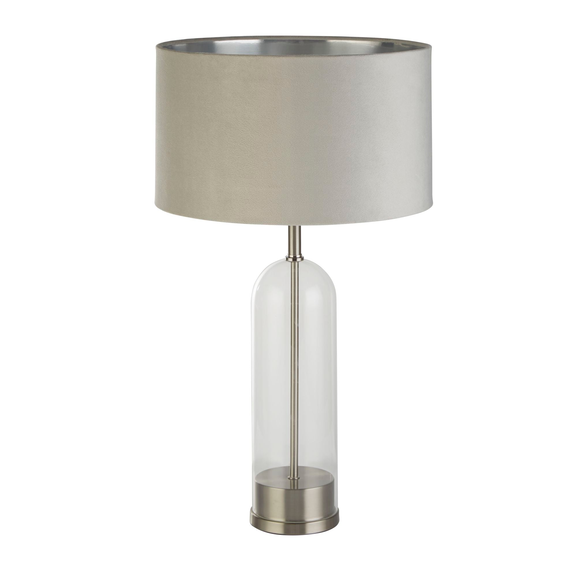 Oxford Table Lamp -Glass, Metal & Velvet Shade Satin Nickel + Grey