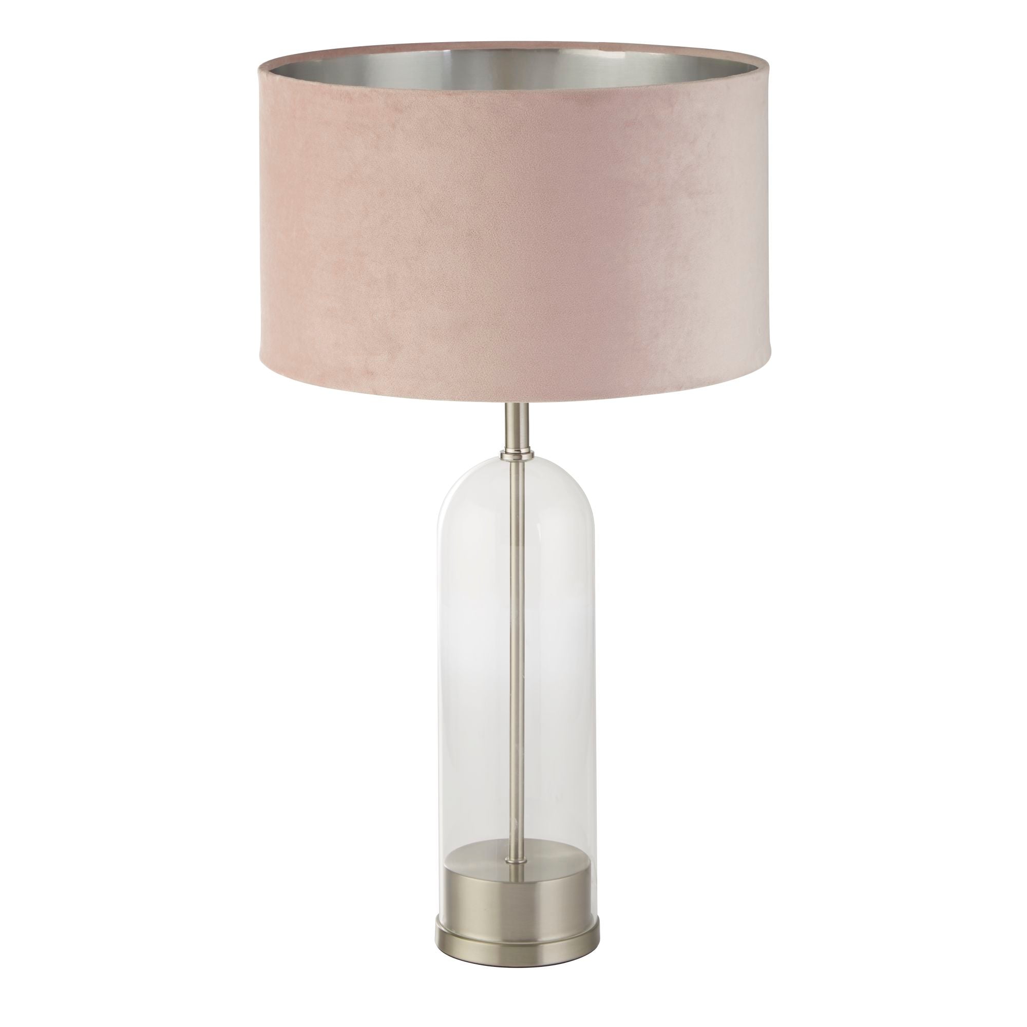 Oxford Table Lamp -Glass, Metal & Velvet Shade Satin Nickel + Pink