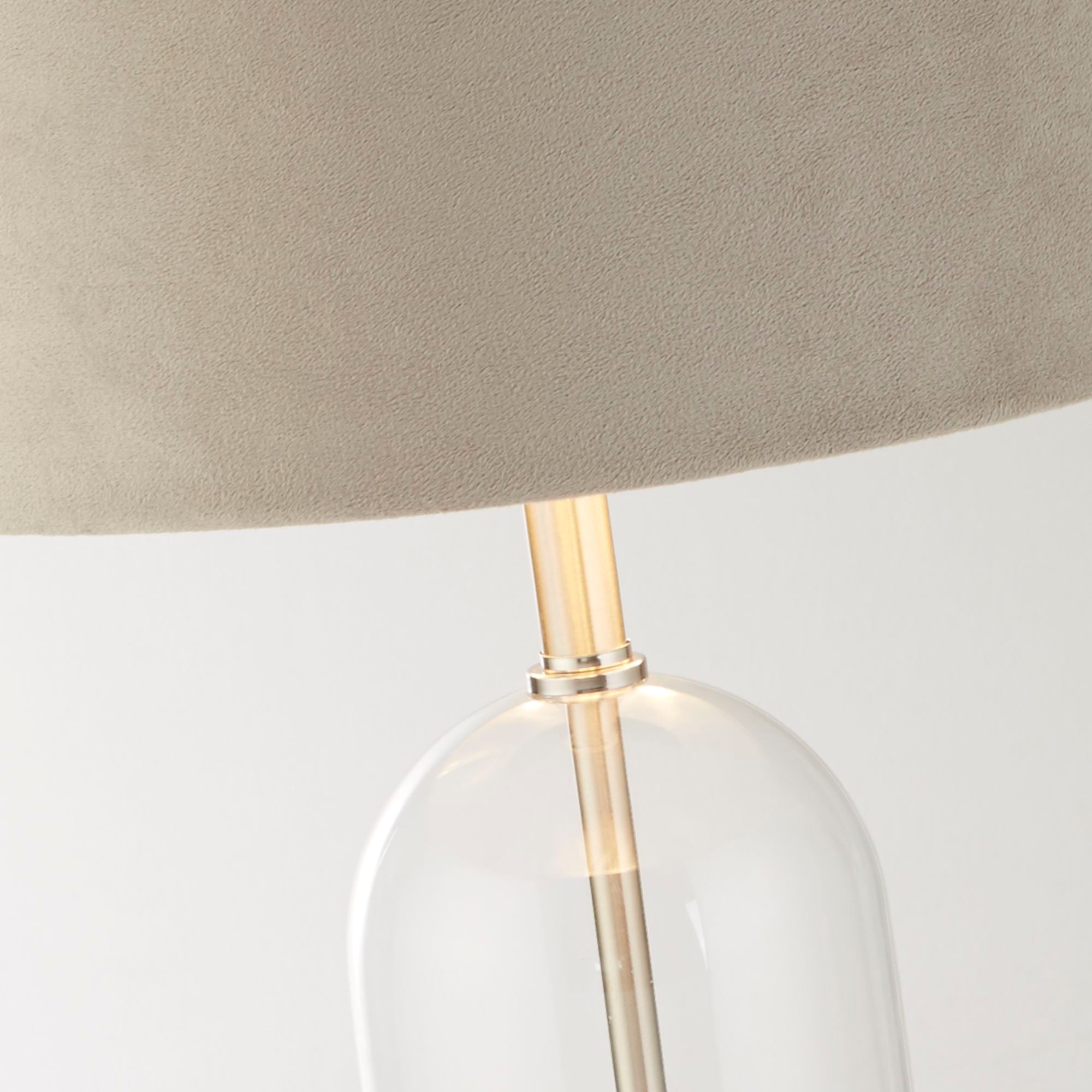 Oxford Table Lamp -Glass, Metal & Velvet Shade Satin Nickel + Taupe