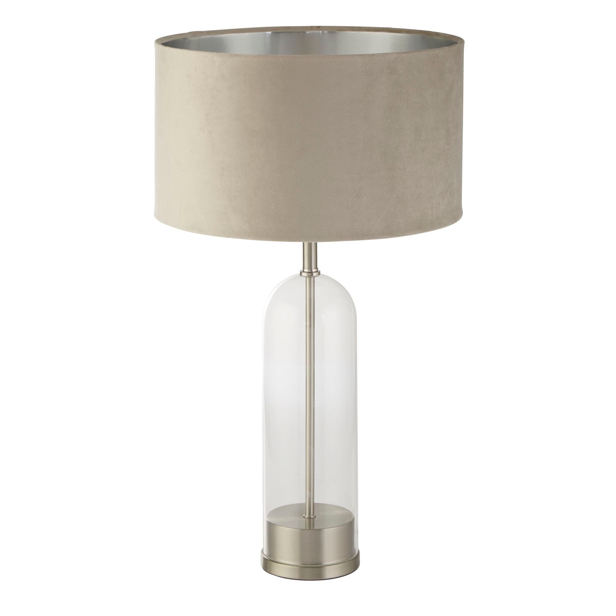 Oxford Table Lamp -Glass, Metal & Velvet Shade Satin Nickel + Taupe