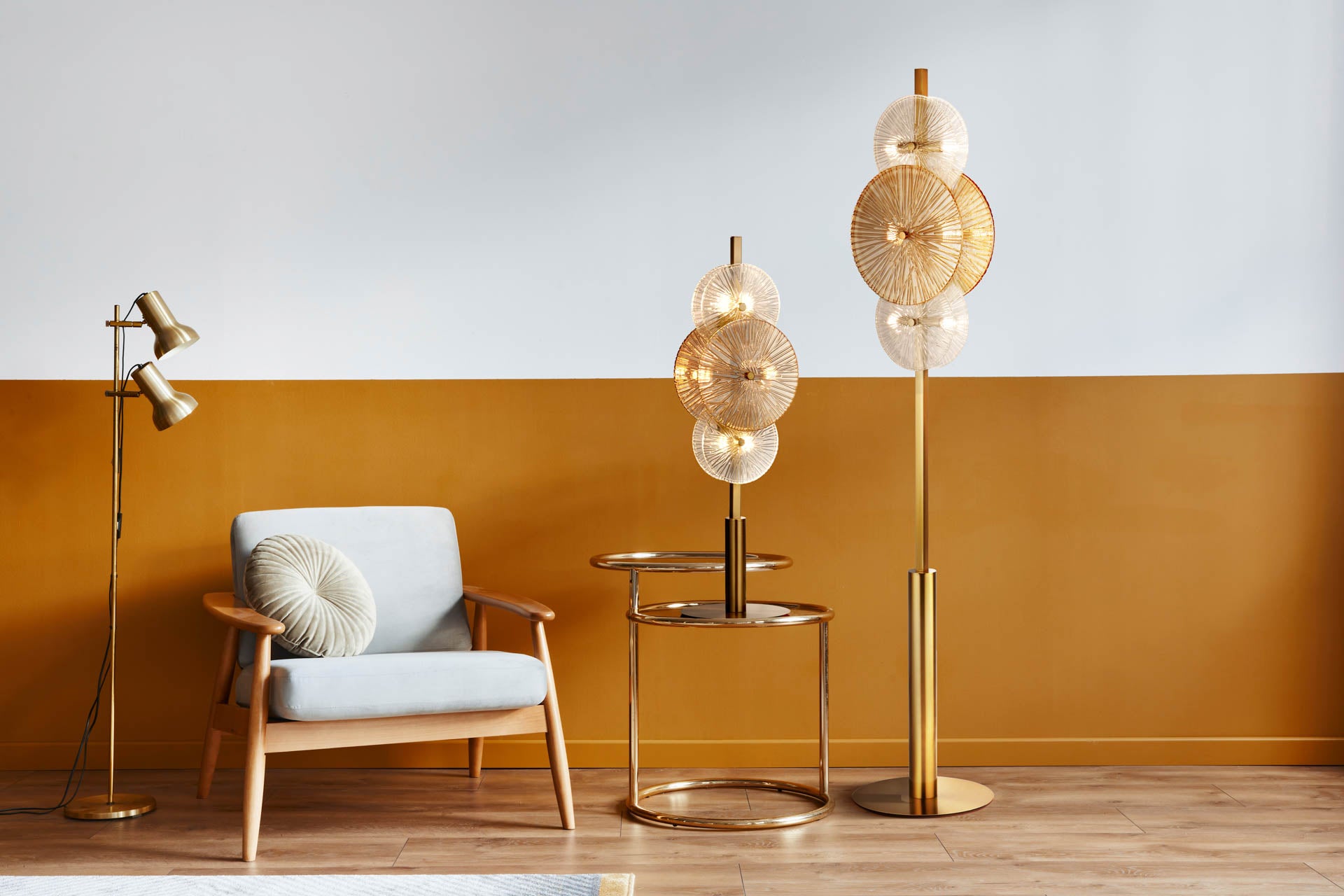 Wagon Wheel Floor Lamp- Bronze Metal, Clear, Amber Glass