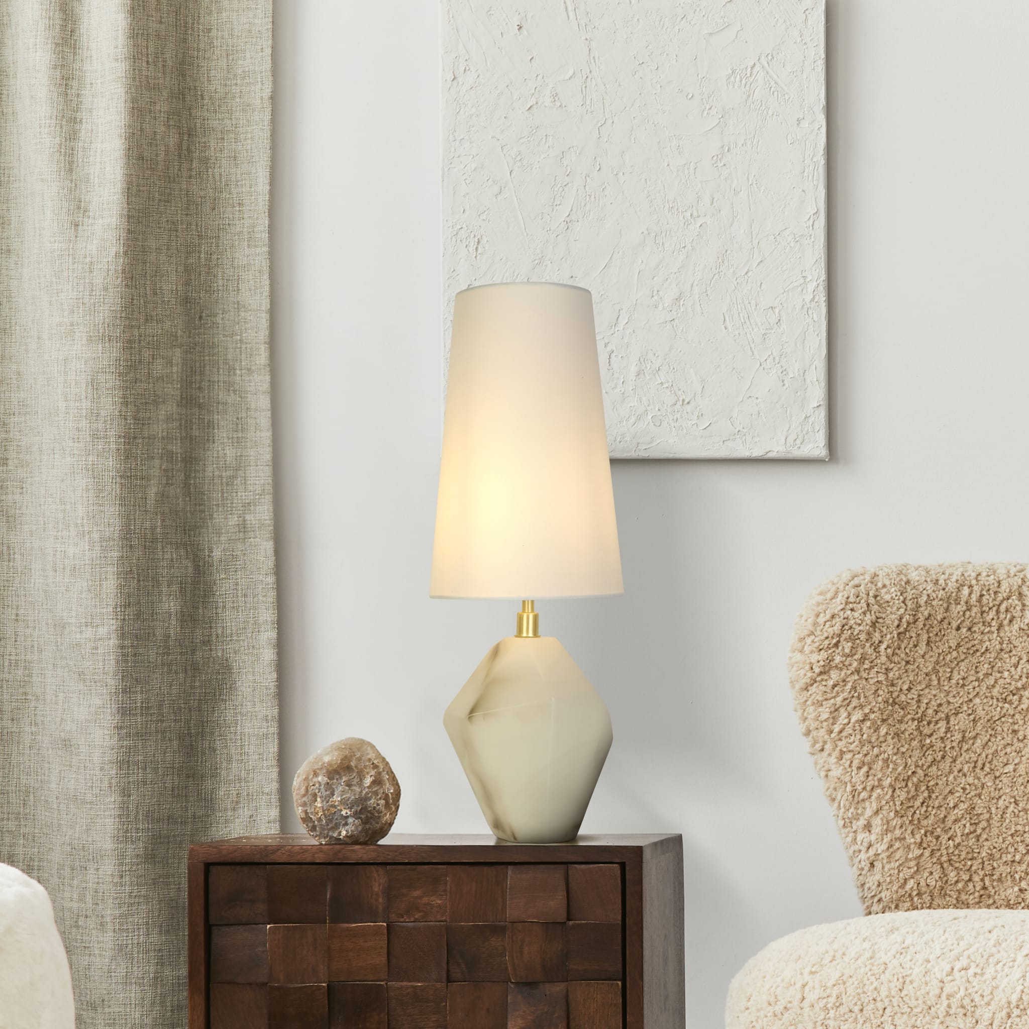 Apex 1Lt Table Lamp, Satin Brass Metal White Resin, White Sh