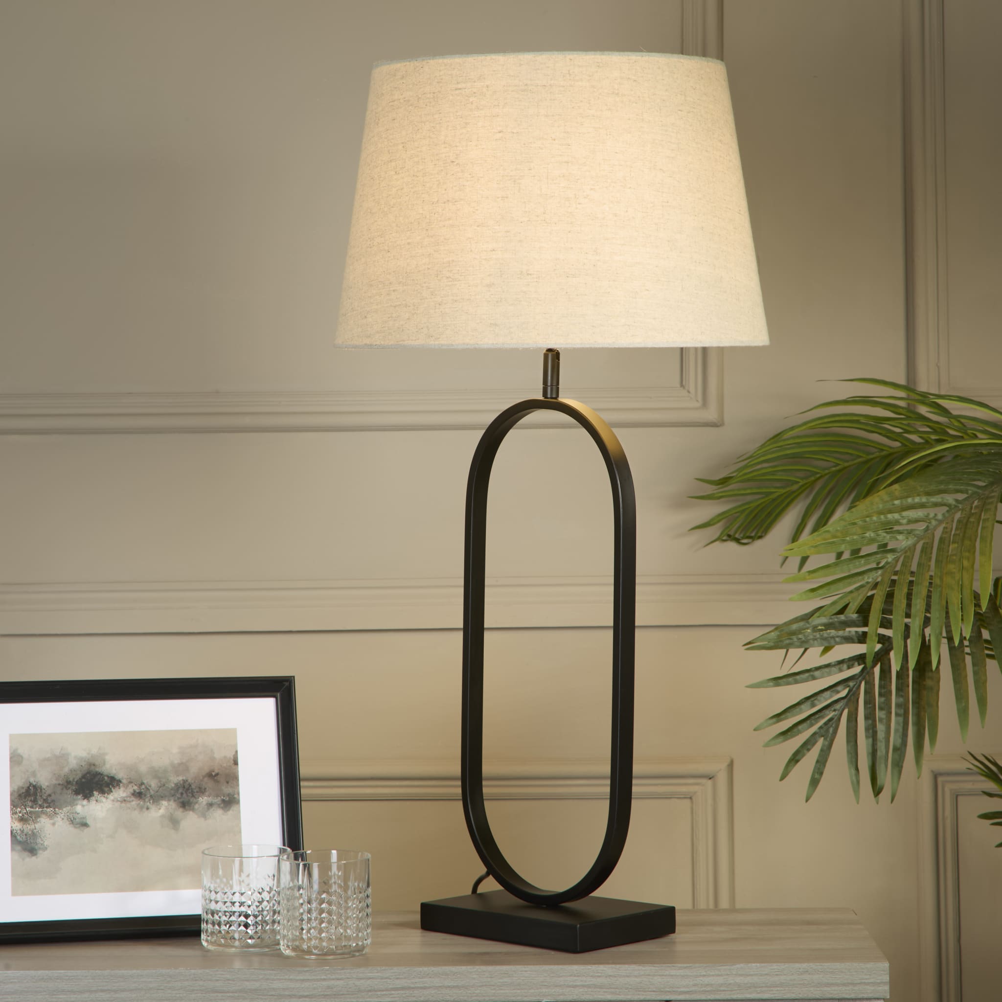 Modish Table Lamp - Matt Black Metal With Natural Shade