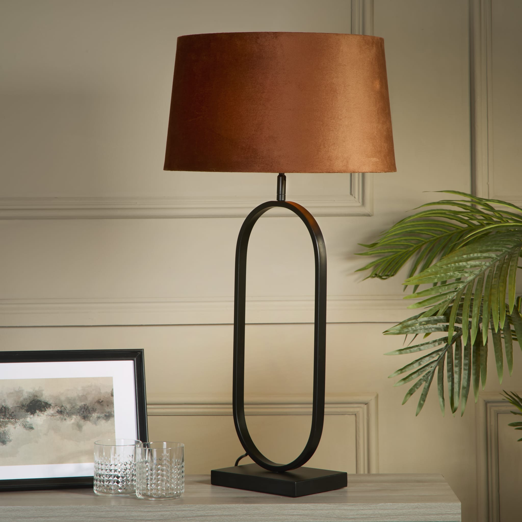 Modish Table Lamp - Matt Black Metal With Burnt Orange Shade