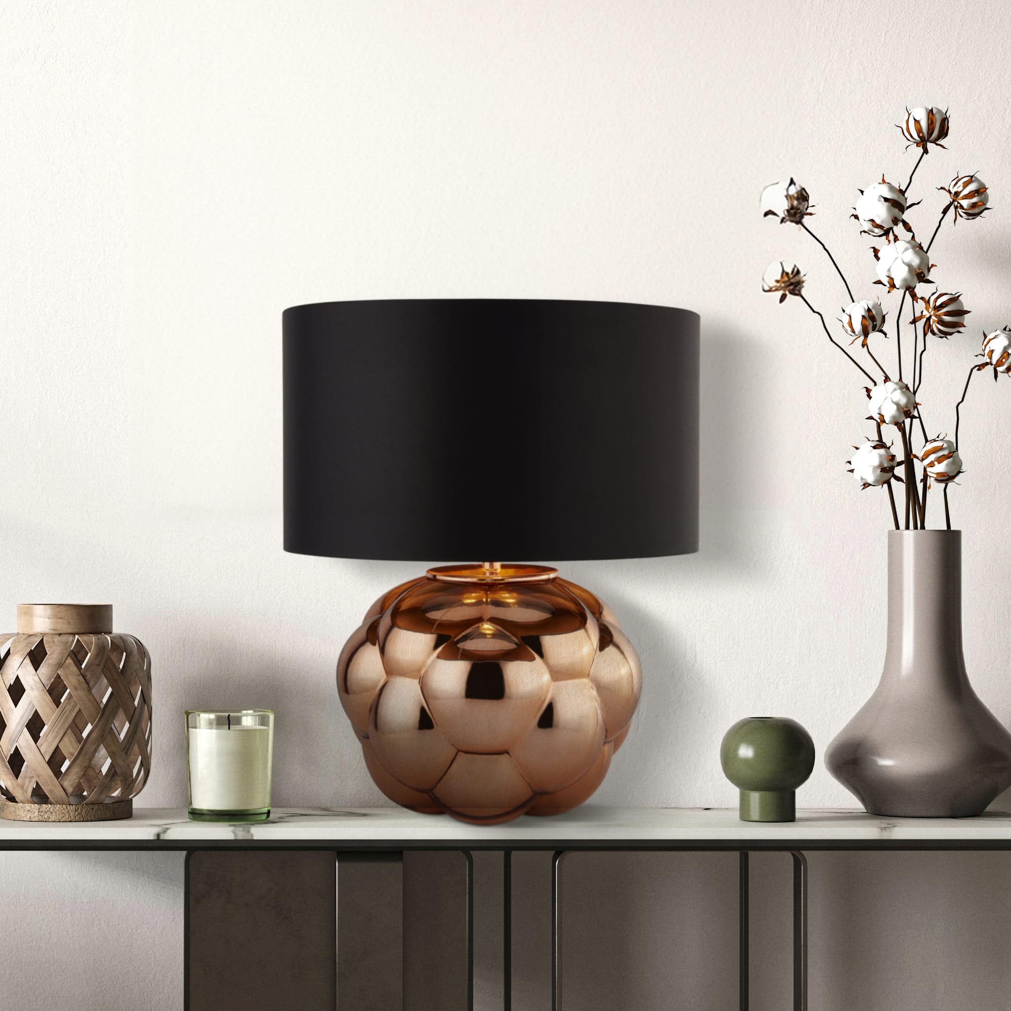 Fizz Table Lamp - Copper Glass & Black Faux Silk Shade