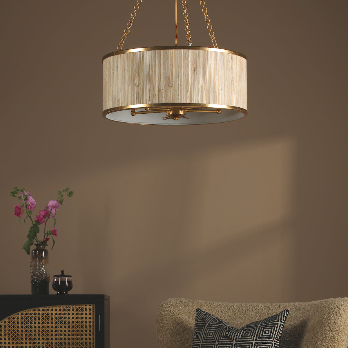 FENELLA 5LT PENDANT GOLD WITH NATURAL SEAGRASS SHA