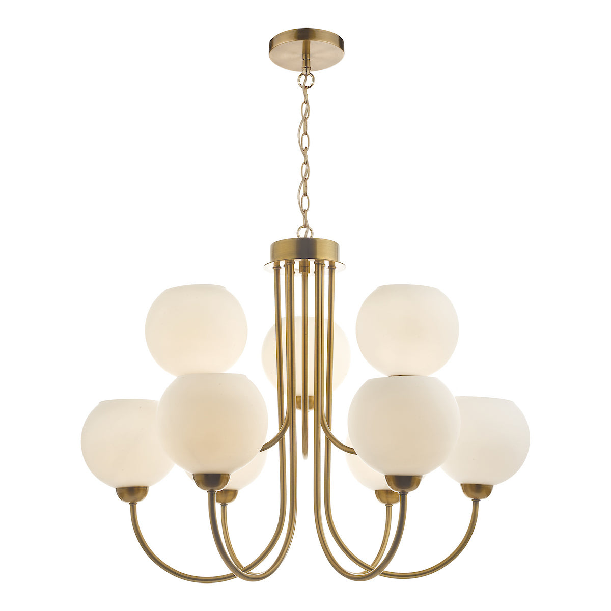 INDRA 9LT PENDANT NATURAL BRASS CW OPAL GLASS