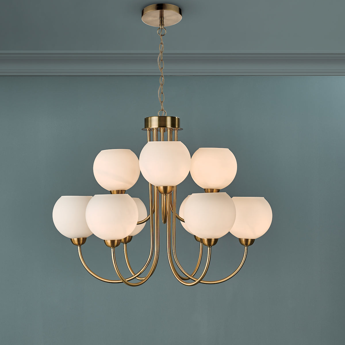 INDRA 9LT PENDANT NATURAL BRASS CW OPAL GLASS