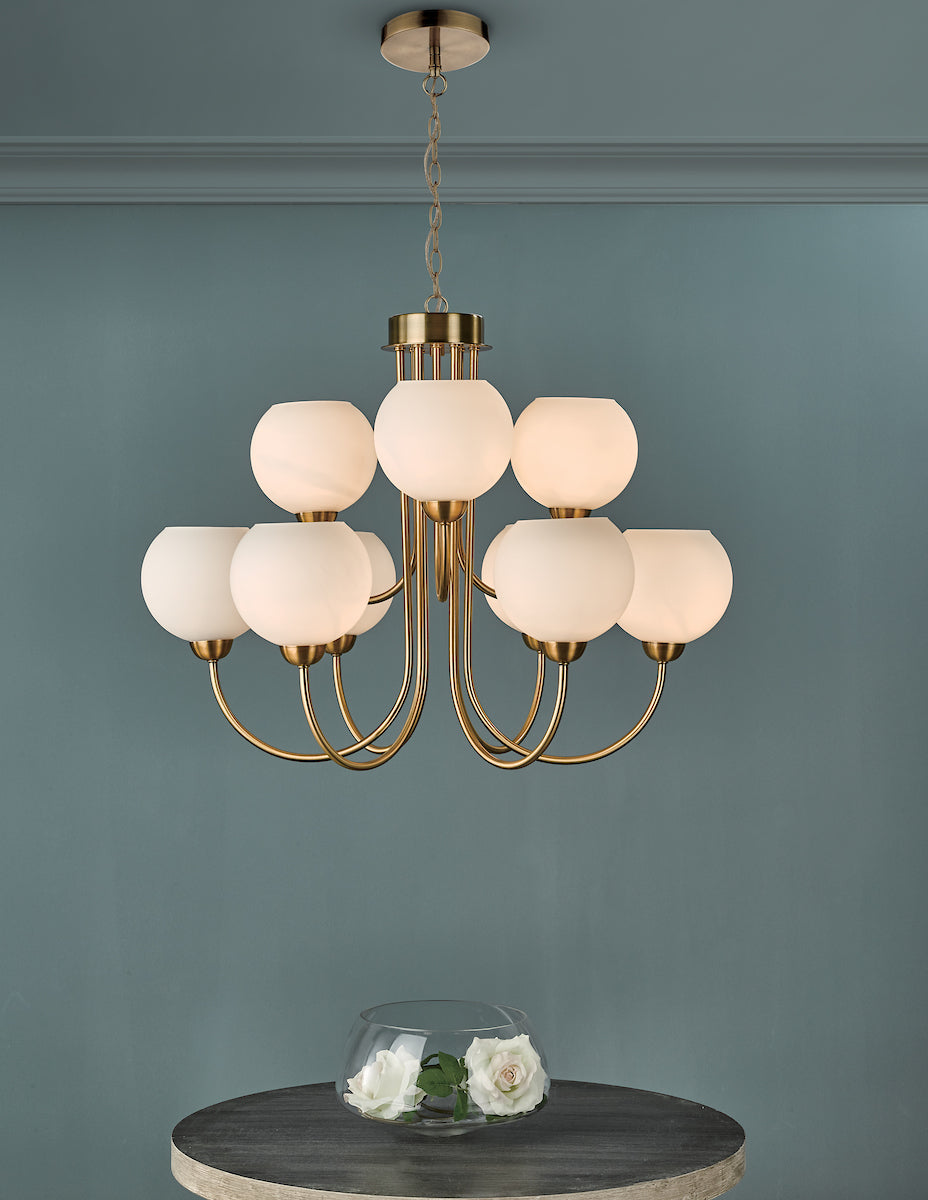 INDRA 9LT PENDANT NATURAL BRASS CW OPAL GLASS