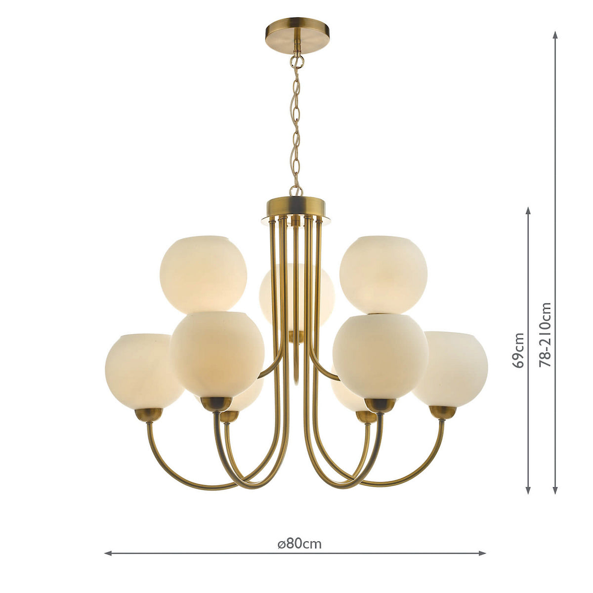 INDRA 9LT PENDANT NATURAL BRASS CW OPAL GLASS