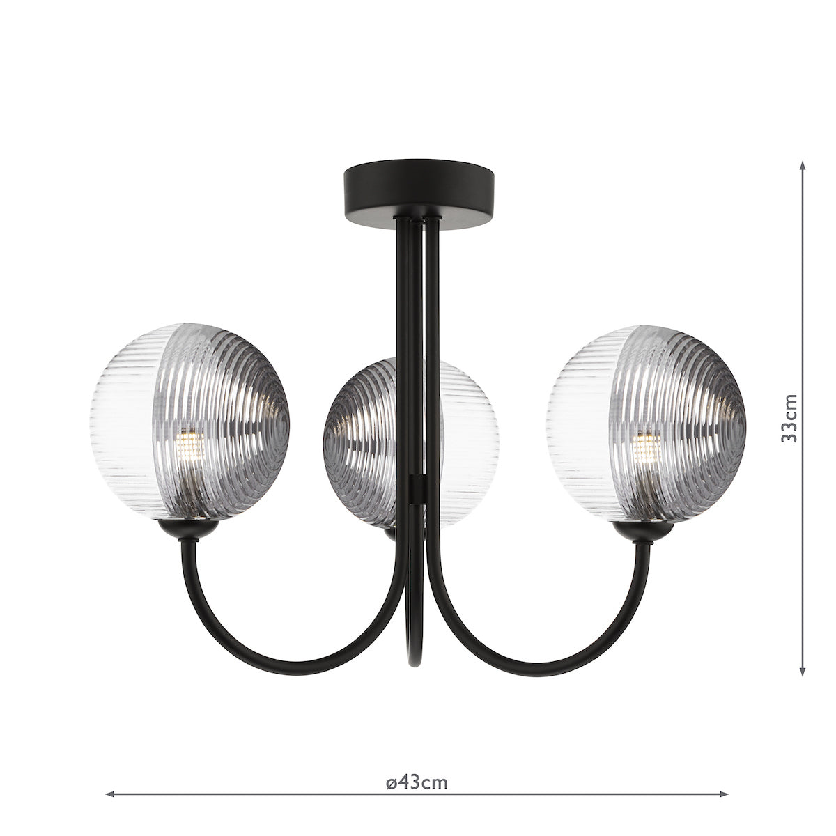 JARED 3LT SEMI FLUSH BLACK CW SMOKED/CLR GLS 150MM