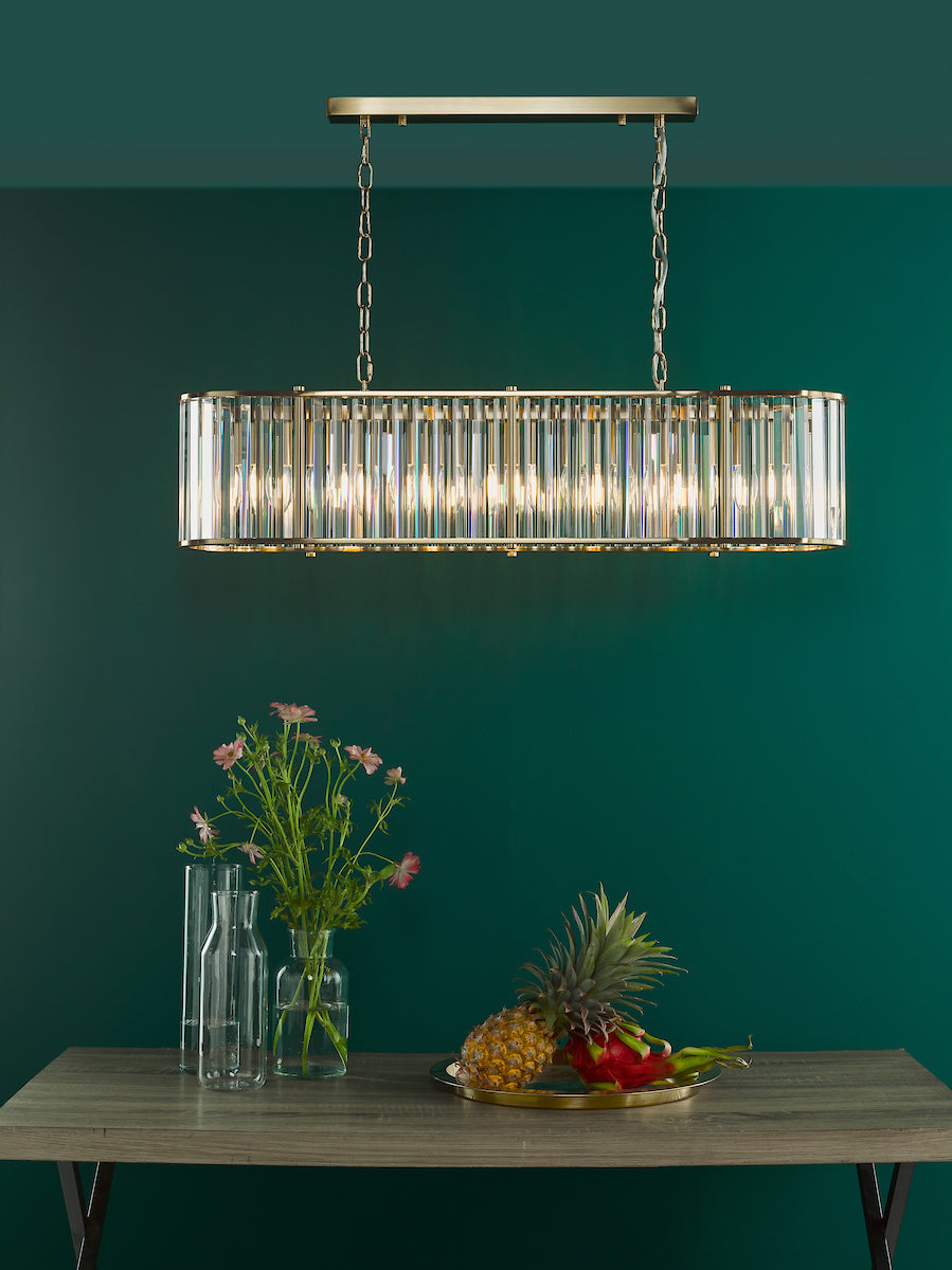 KIRAN 7LT BAR PENDANT NATURAL BRASS & CLEAR GLS