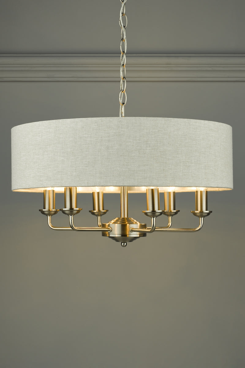 Laura Ashley Sorrento 6 Light Pendant Satin Nickel With Natural Shade