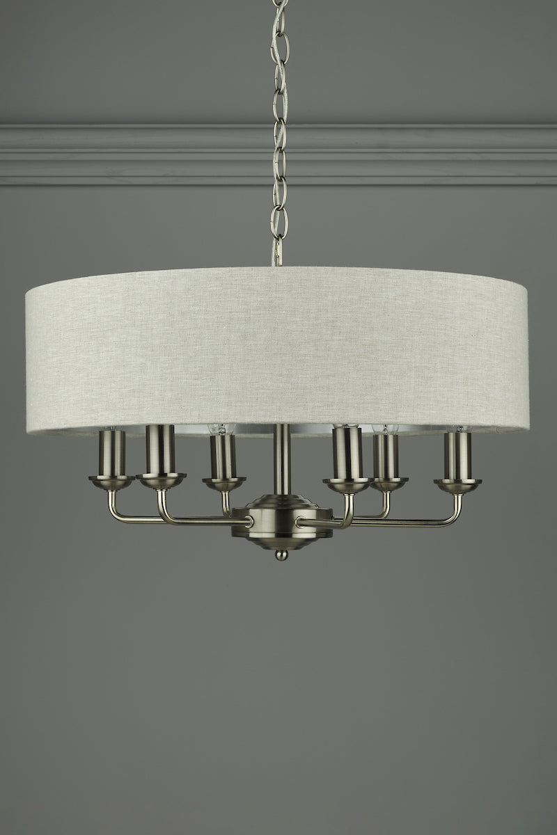 Laura Ashley Sorrento 6 Light Pendant Satin Nickel With Natural Shade