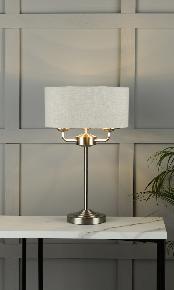 Laura Ashley Sorrento 3 Light Table Lamp Satin Nickel With Natural Shade