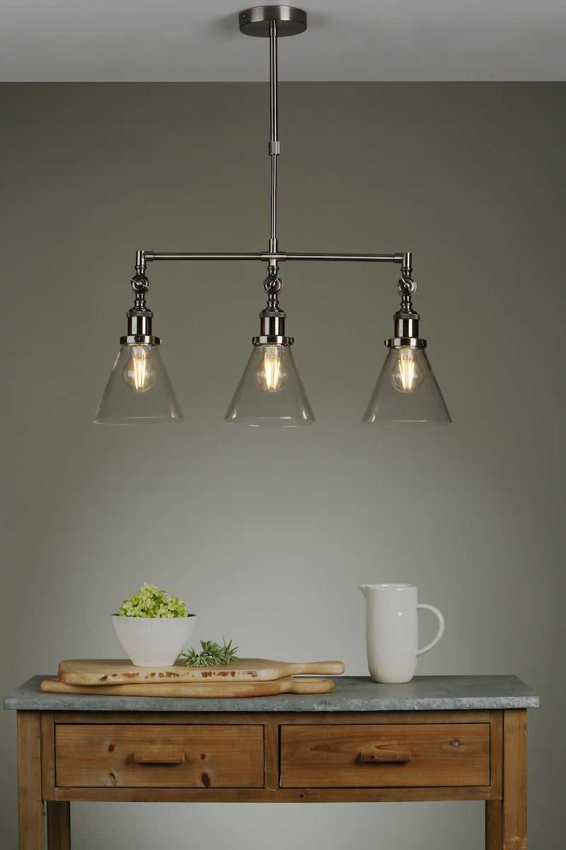 Laura Ashley Isaac 3lt Bar Pendant Satin Nickel Glass