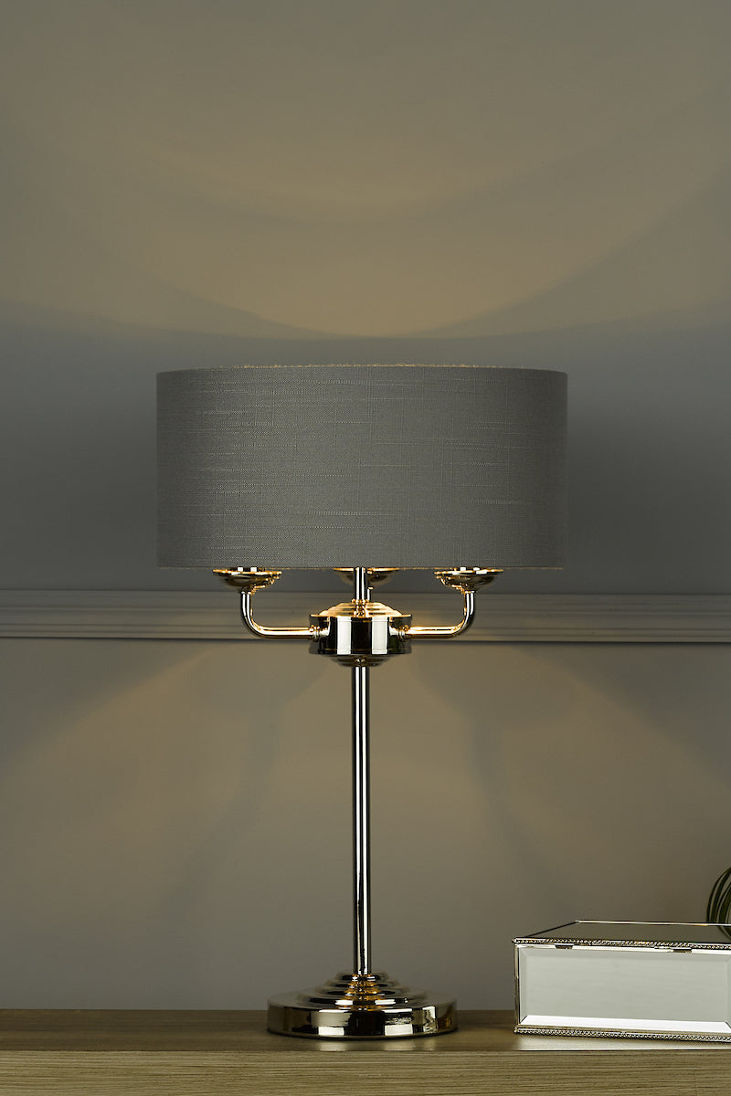 Laura Ashley Sorrento 3 Light Table Lamp Polished Nickel With Charcoal Grey Shade