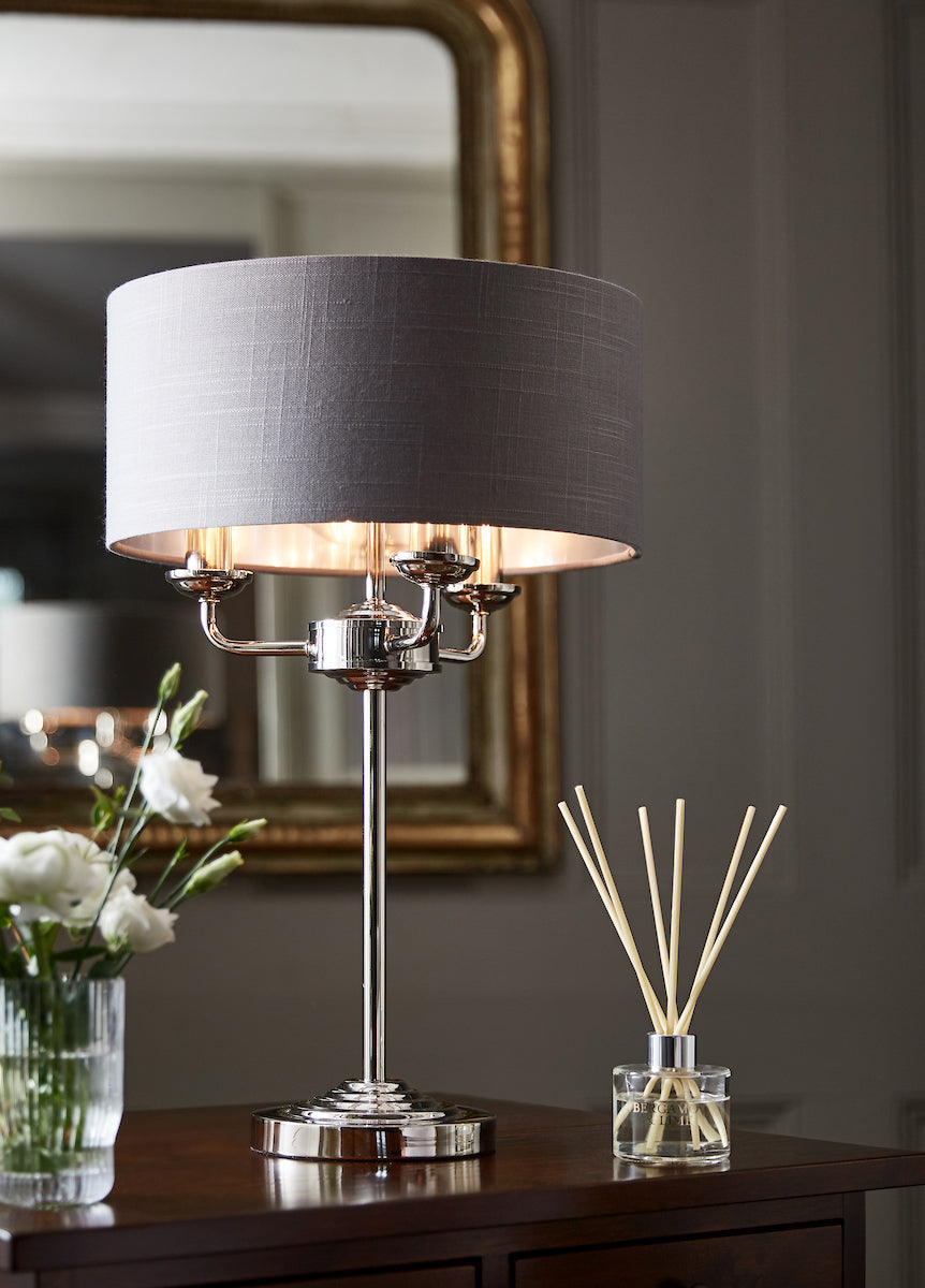 Laura Ashley Sorrento 3 Light Table Lamp Polished Nickel With Charcoal Grey Shade