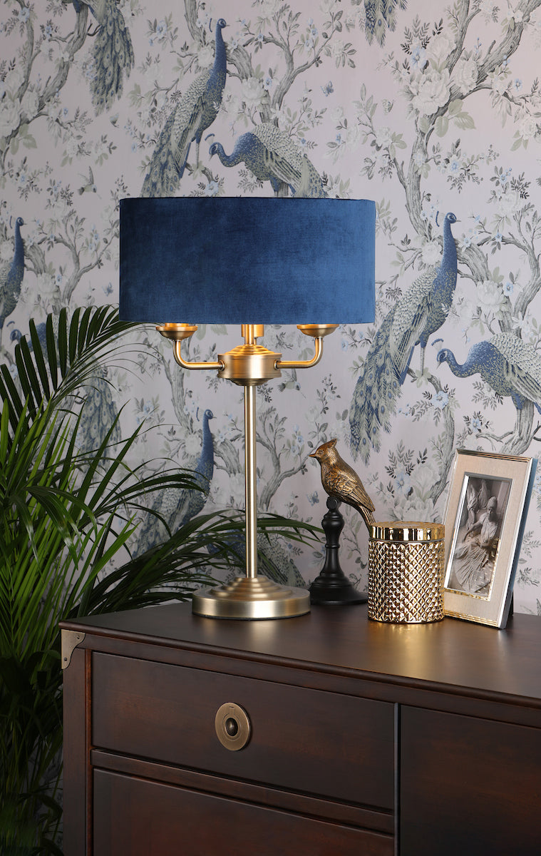 Laura Ashley Sorrento 3 Light Table Lamp Antique Brass & Blue Shade