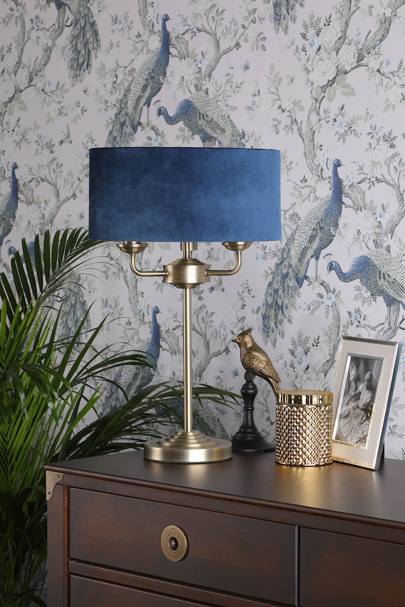 Laura Ashley Sorrento 3 Light Table Lamp Antique Brass & Blue Shade