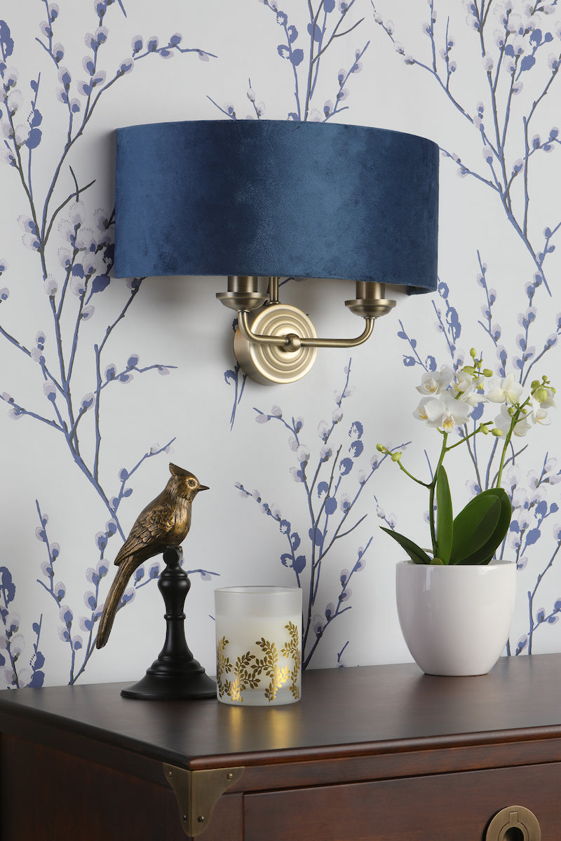 Laura Ashley Sorrento 2 Light Wall Light Matt Antique Brass & Blue Shade