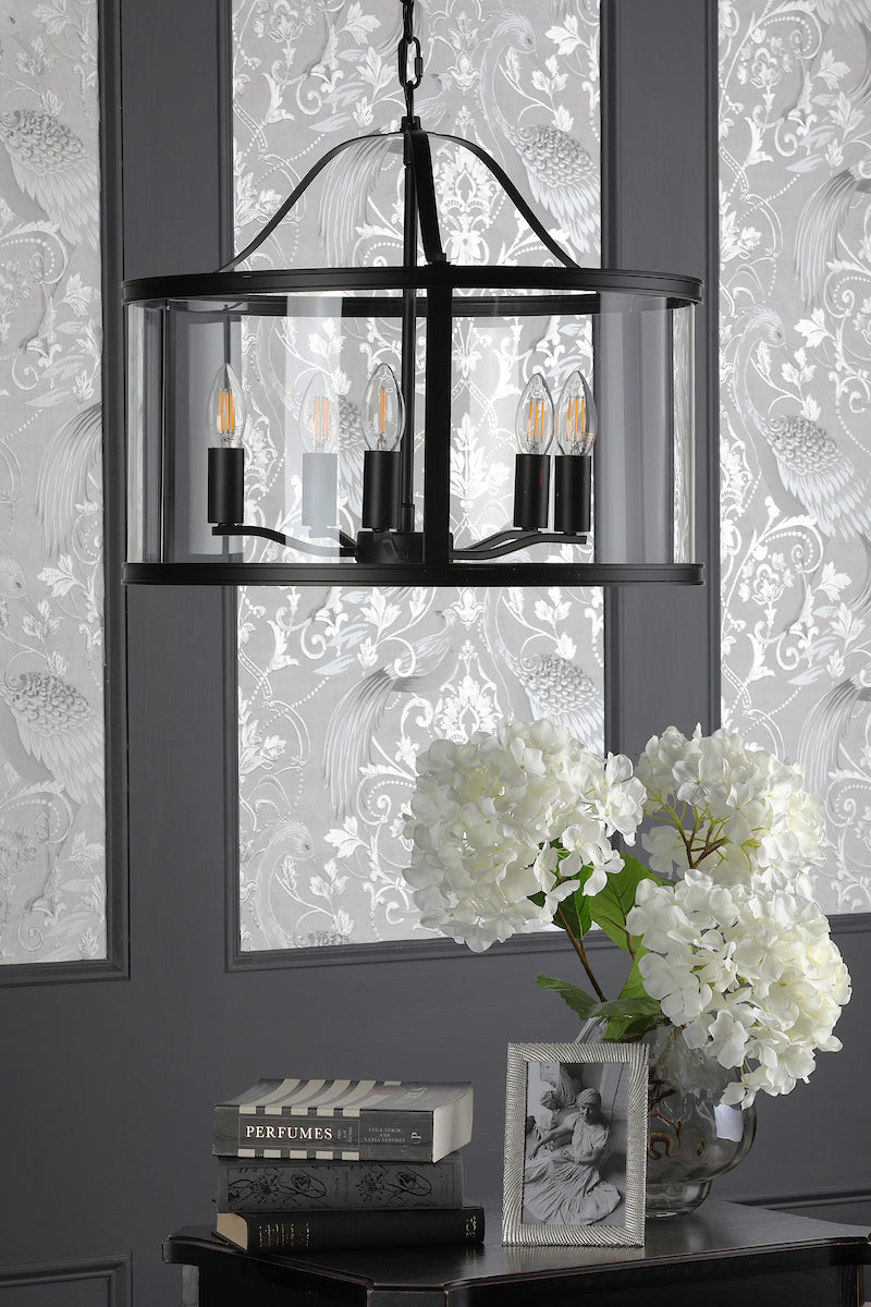 Laura Ashley Harrington 5 Light Pendant Matt Black and Glass