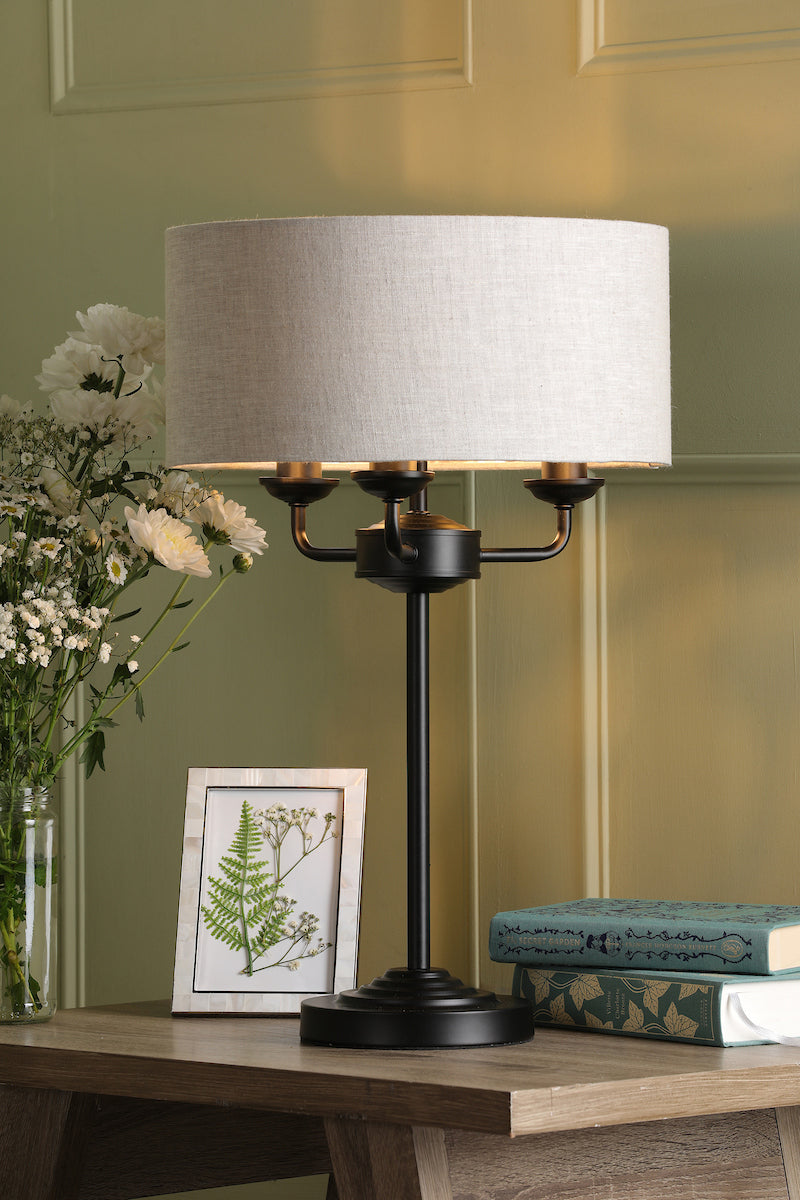 Laura Ashley Sorrento 3 Light Table Lamp Matt Black and Natural With Shade