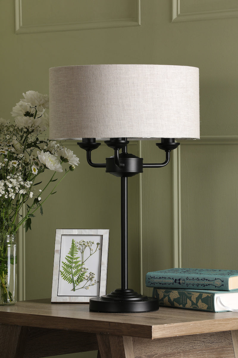 Laura Ashley Sorrento 3 Light Table Lamp Matt Black and Natural With Shade