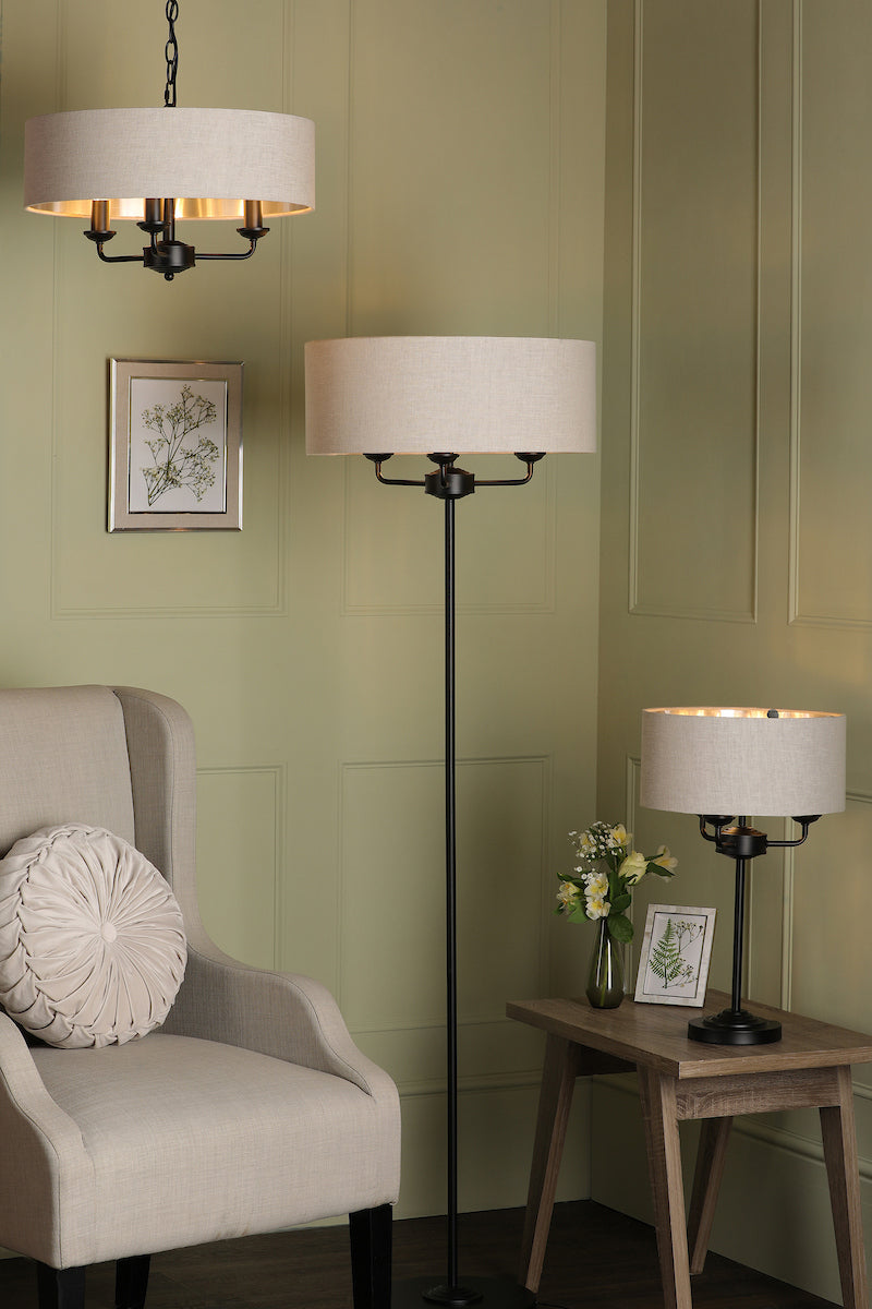 Laura Ashley Sorrento 3 Light Floor Lamp Matt Black and Natural With Shade