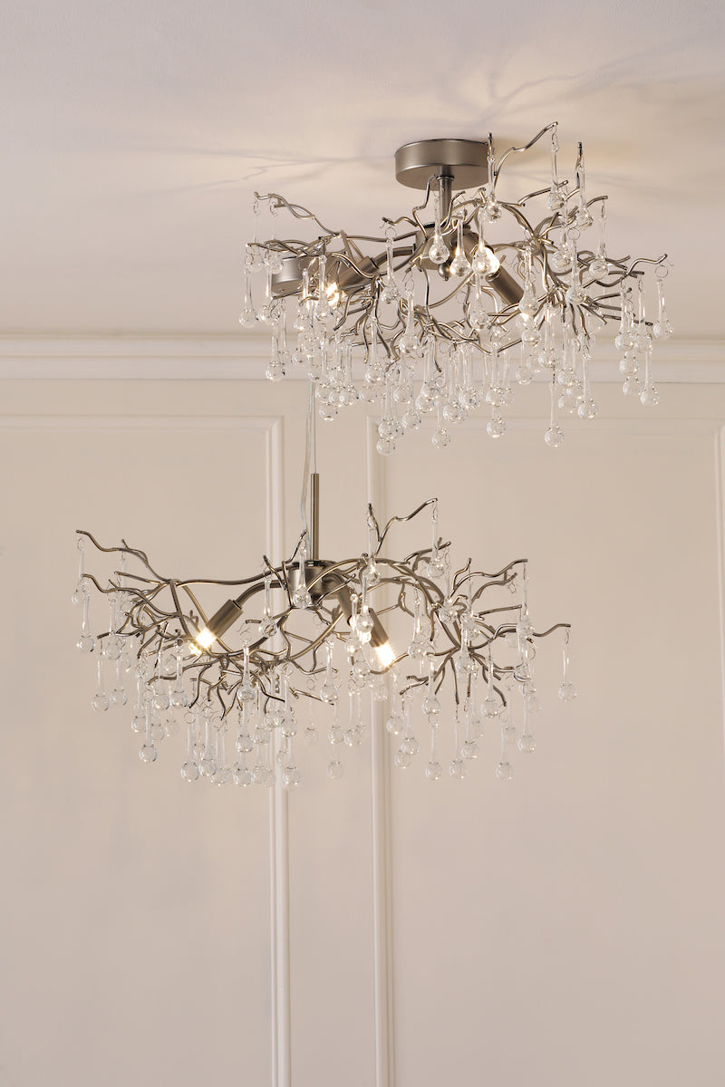 Laura Ashley Willow 3 Light Semi-Flush Satin Pewter and Crystal