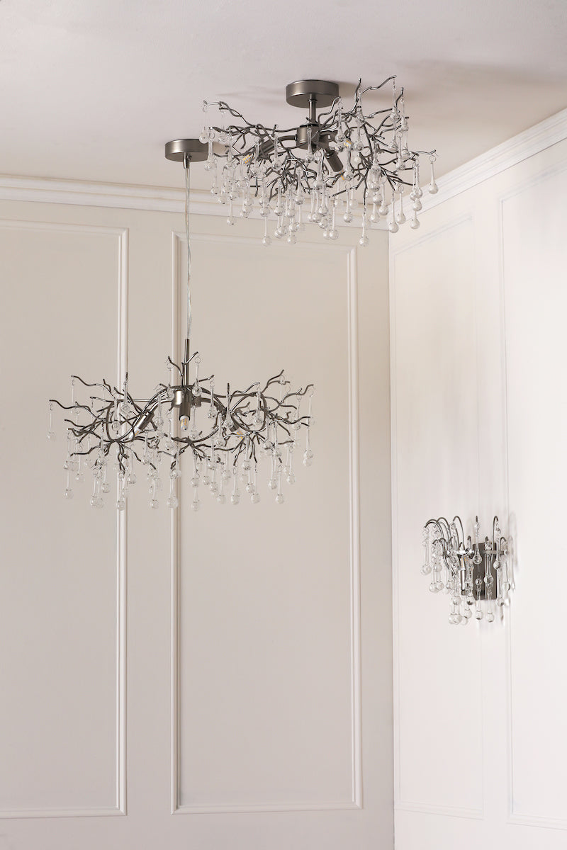 Laura Ashley Willow 3 Light Semi-Flush Satin Pewter and Crystal