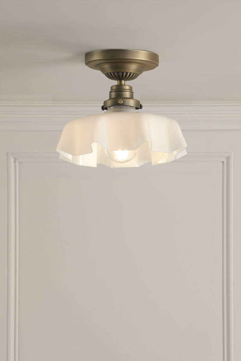 Laura Ashley Banham Semi-Flush Matt Antique Brass and White Glass