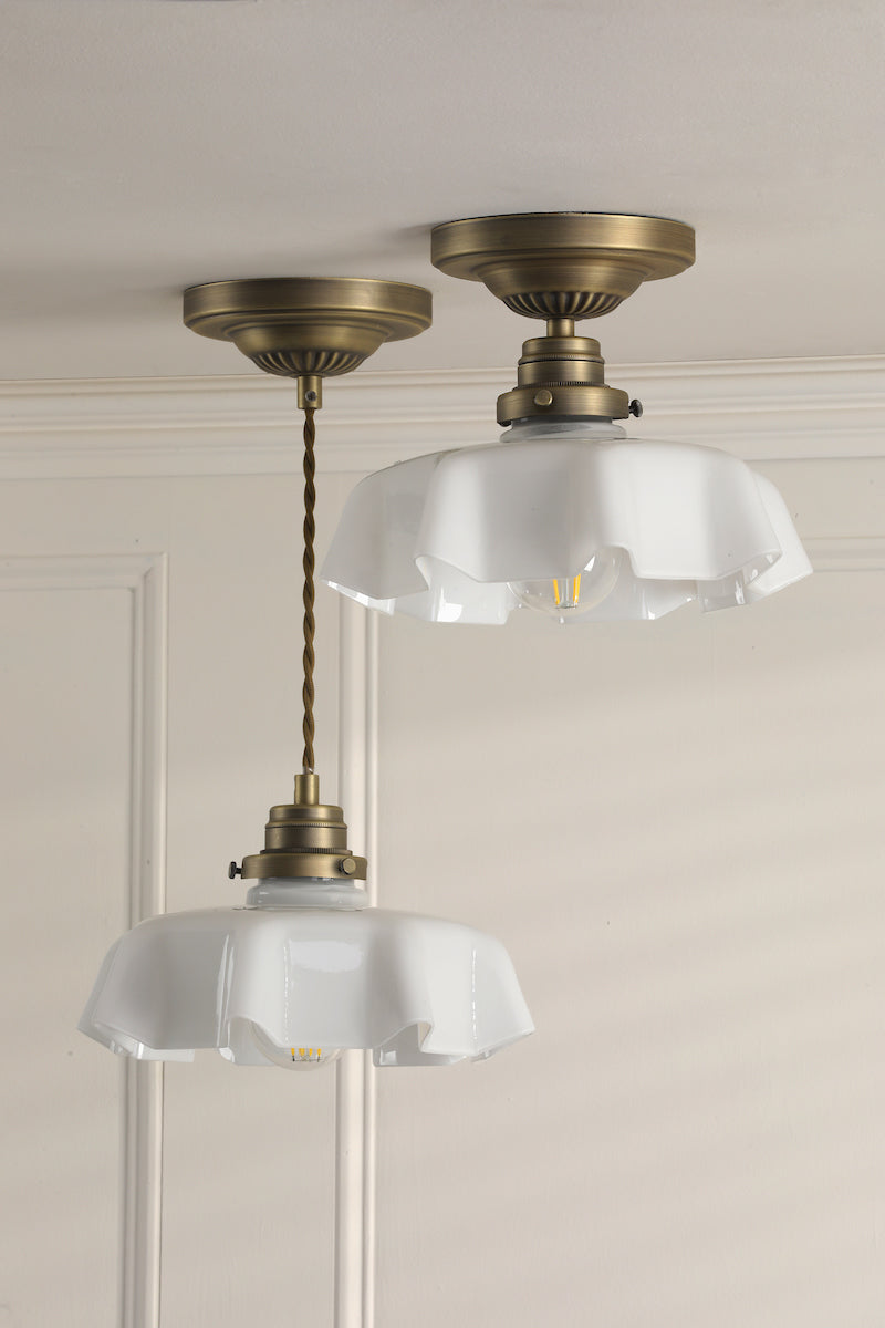 Laura Ashley Banham Semi-Flush Matt Antique Brass and White Glass