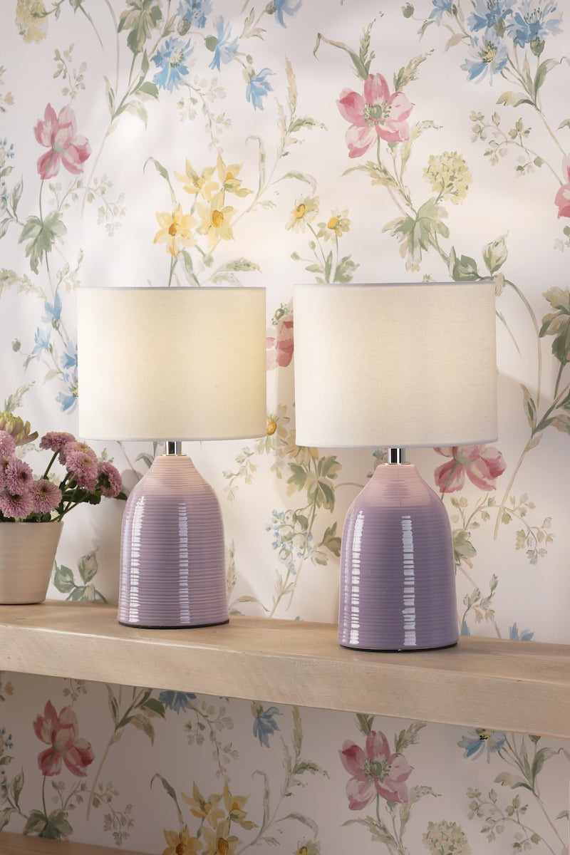 Laura Ashley Penny Table Lamp Purple Ceramic and Polished Chrome With Shade (Twin Pack)
