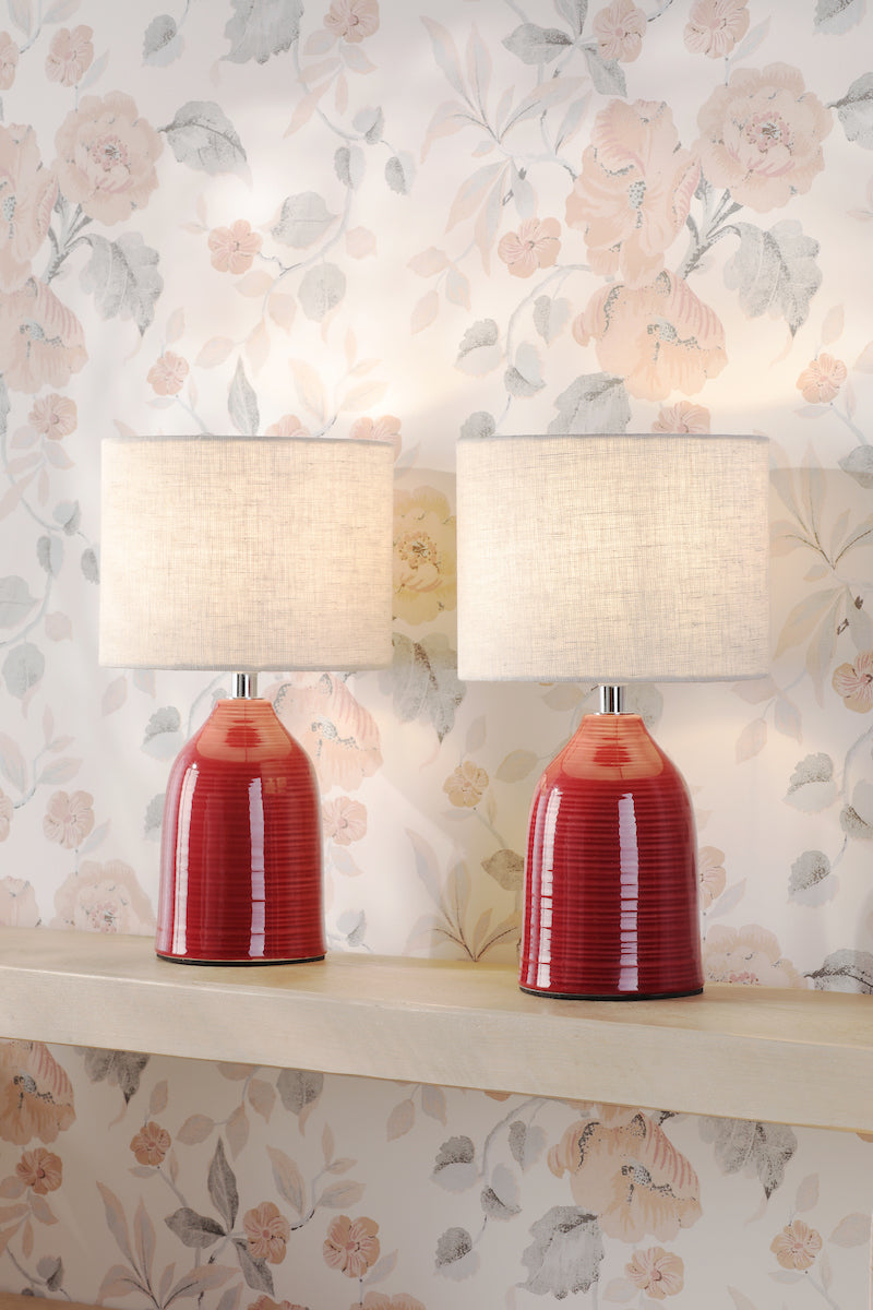 Laura Ashley Penny Table Lamp Red Ceramic and Polished Chrome With Shade (Twin Pack)