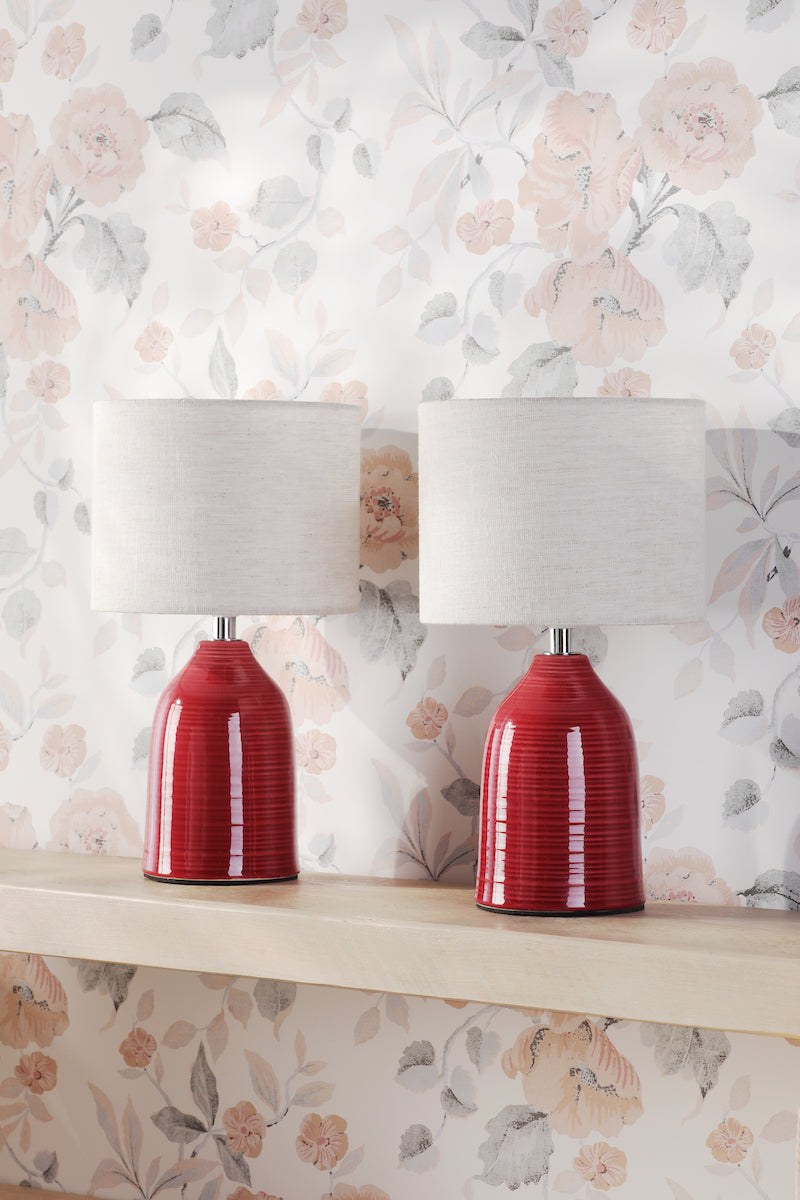 Laura Ashley Penny Table Lamp Red Ceramic and Polished Chrome With Shade (Twin Pack)